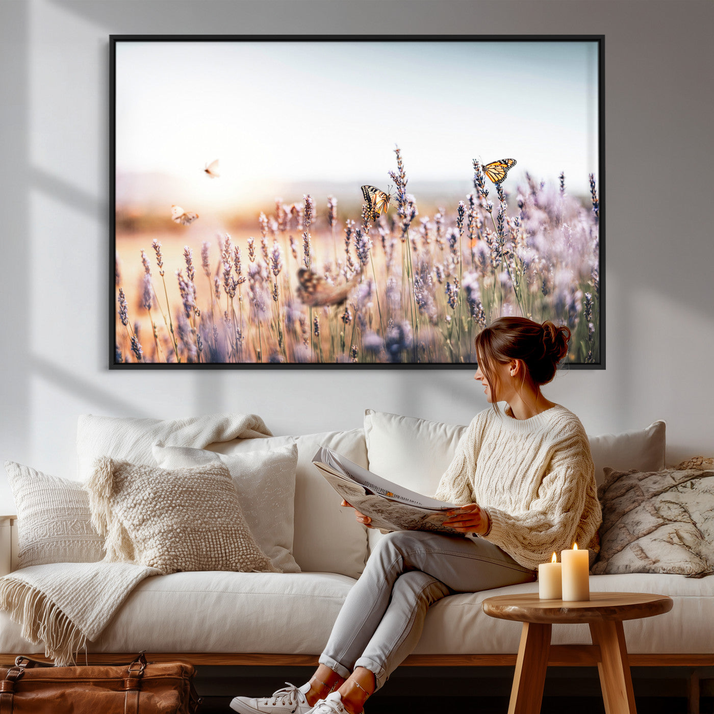 46417478-MGV-CV-36X24 - Lavender Field Wall Art Canvas Print, Butterfly Floral Landscape Art, Soft Nature Wall Decor for Bedroom
