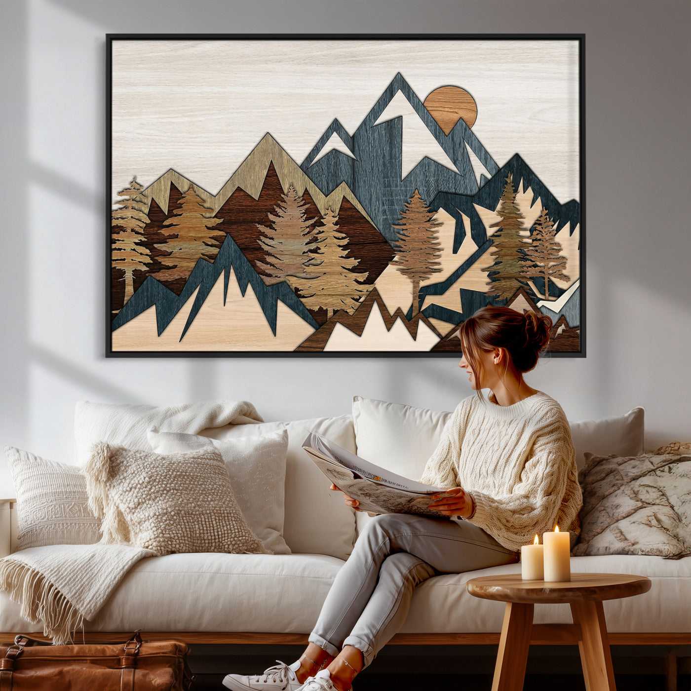 61833055-MGV-CV-36X24 - Mountain Forest Wall Art Canvas Print, Layered Wood Landscape Artwork, Rustic Nature Wall Decor for Living Room