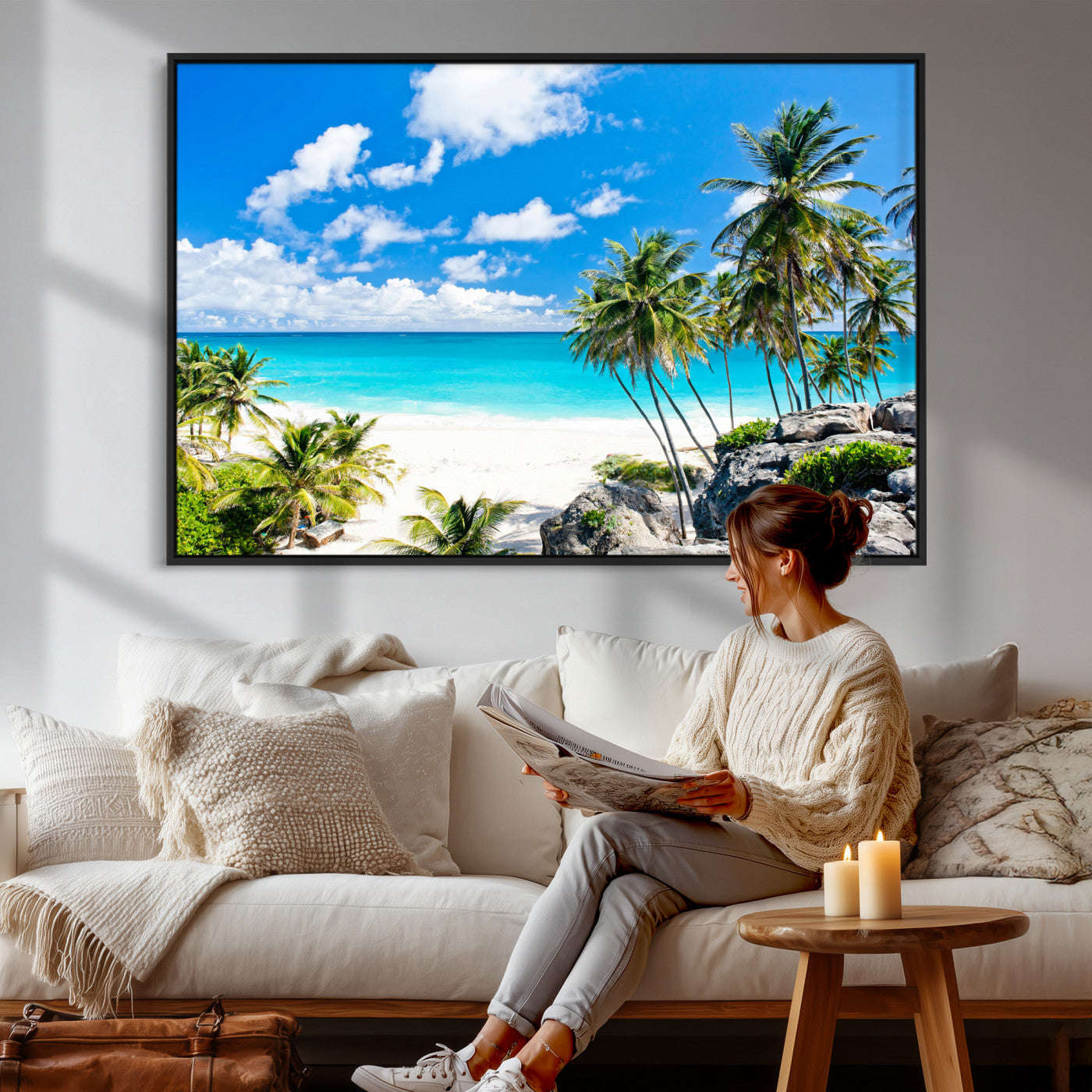 51097197-MGV-CV-36X24 - Tropical Beach Wall Art Canvas Print, Palm Tree Ocean Landscape Photography, Caribbean Coastal Artwork