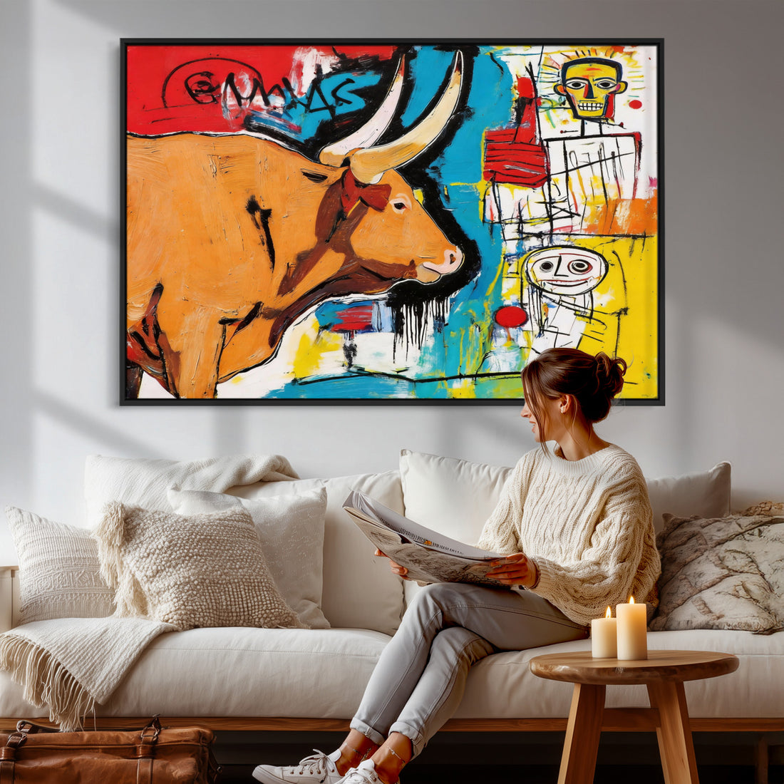 Basquiat Style Bull Graffiti Wall Art Canvas Print, Street Art