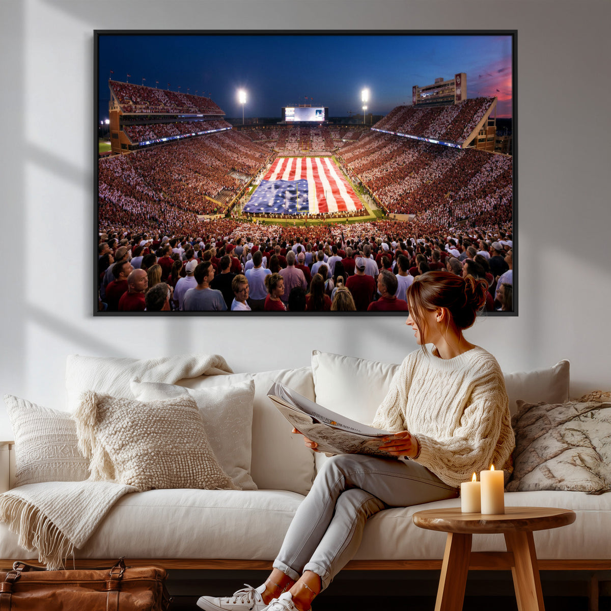 59917418-MGV-CV-36X24 - Oklahoma Memorial Stadium Wall Art Canvas Print | Oklahoma Sooners Football Artwork for Home, Office, and Sports Room Decor
