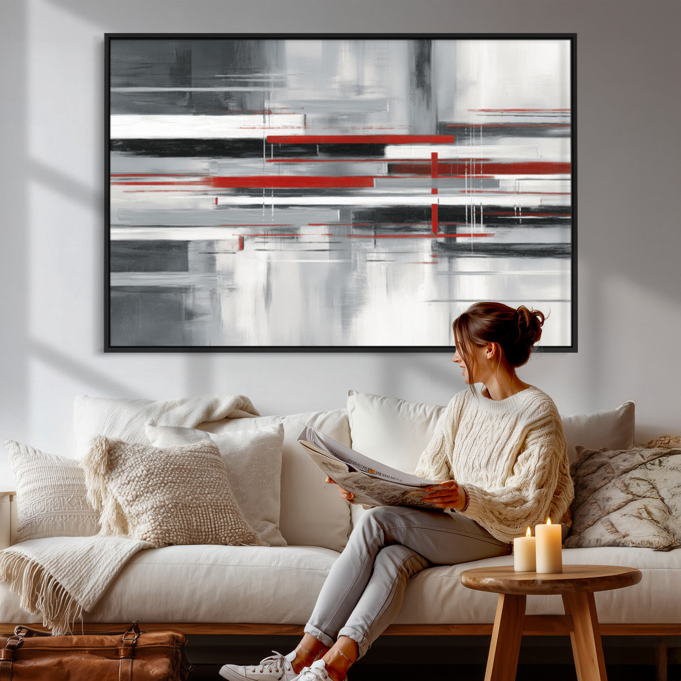 62640681-MGV-CV-36X24 - Gray Red Abstract Wall Art Canvas Print, Modern Abstract Canvas Wall Decor for Contemporary Living Room and Office
