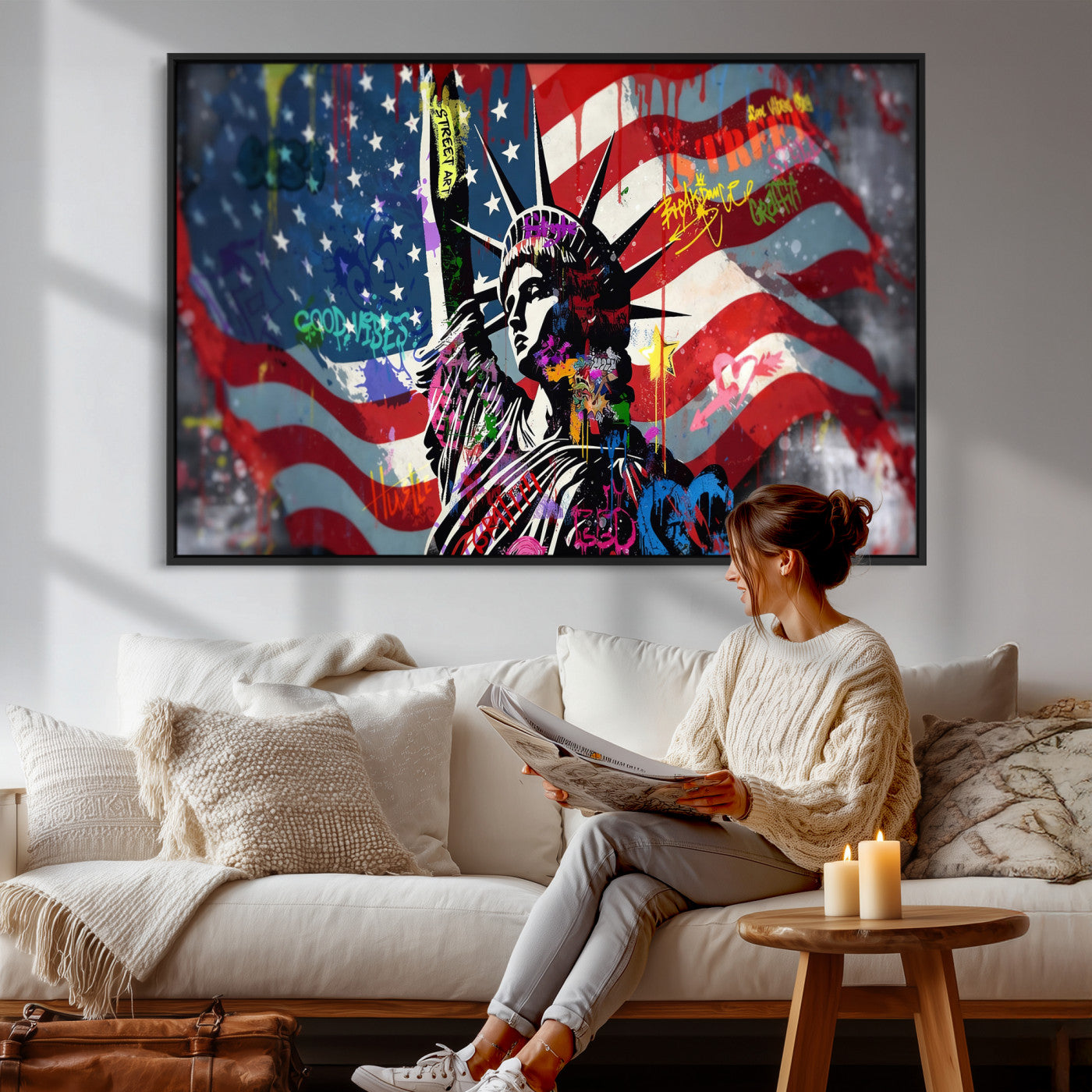 32151941-MGV-CV-36X24 - USA Statue of Liberty Graffiti Street Art Wall Art Canvas Print, American Flag Urban Pop Art Canvas Print, Modern Patriotic Street Art Contemporary Art Printing