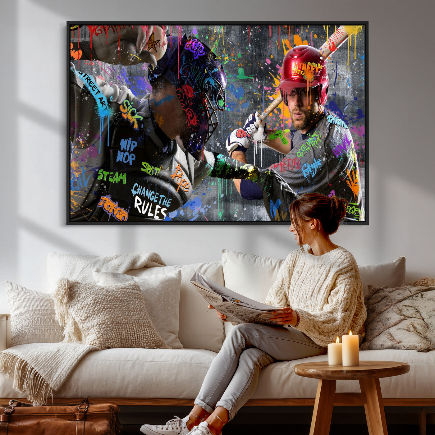 19634994-MGV-CV-36X24 - Graffiti Baseball Player Street Art Wall Art Canvas Print, Urban Sports Pop Art Baseball Canvas Print, Modern Athletic Graffiti Contemporary Art Printing