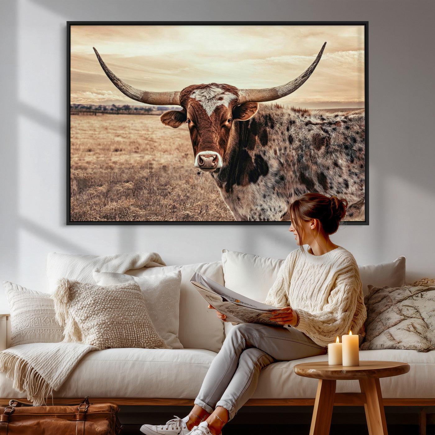 55805825-MGV-CV-36X24 - Texas Longhorn Wall Art Canvas Print – Western Cattle Ranch Artwork for Rustic Farmhouse Decor