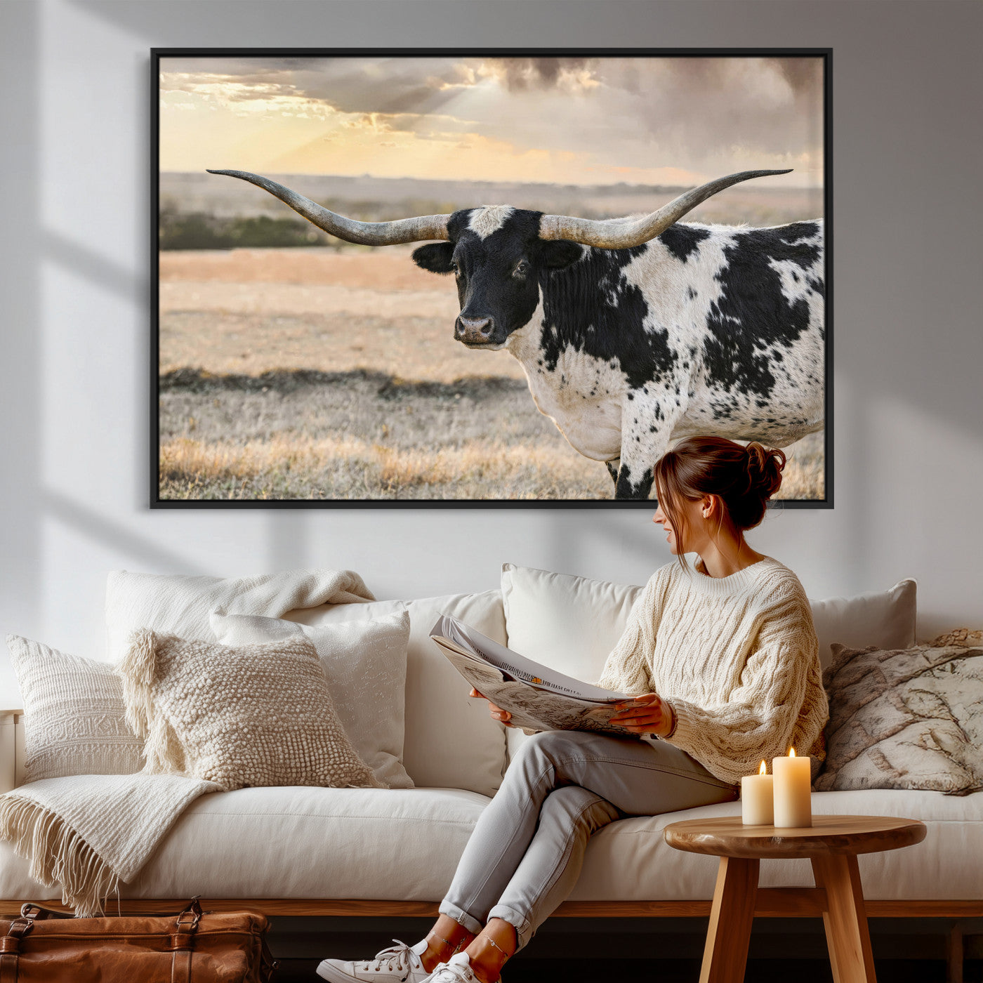 49350433-MGV-CV-36X24 - Texas Longhorn Bull Rustic Wall Art Canvas Print, Western Cattle Photography Canvas Print, Ranch Farm Animal Western Art Printing