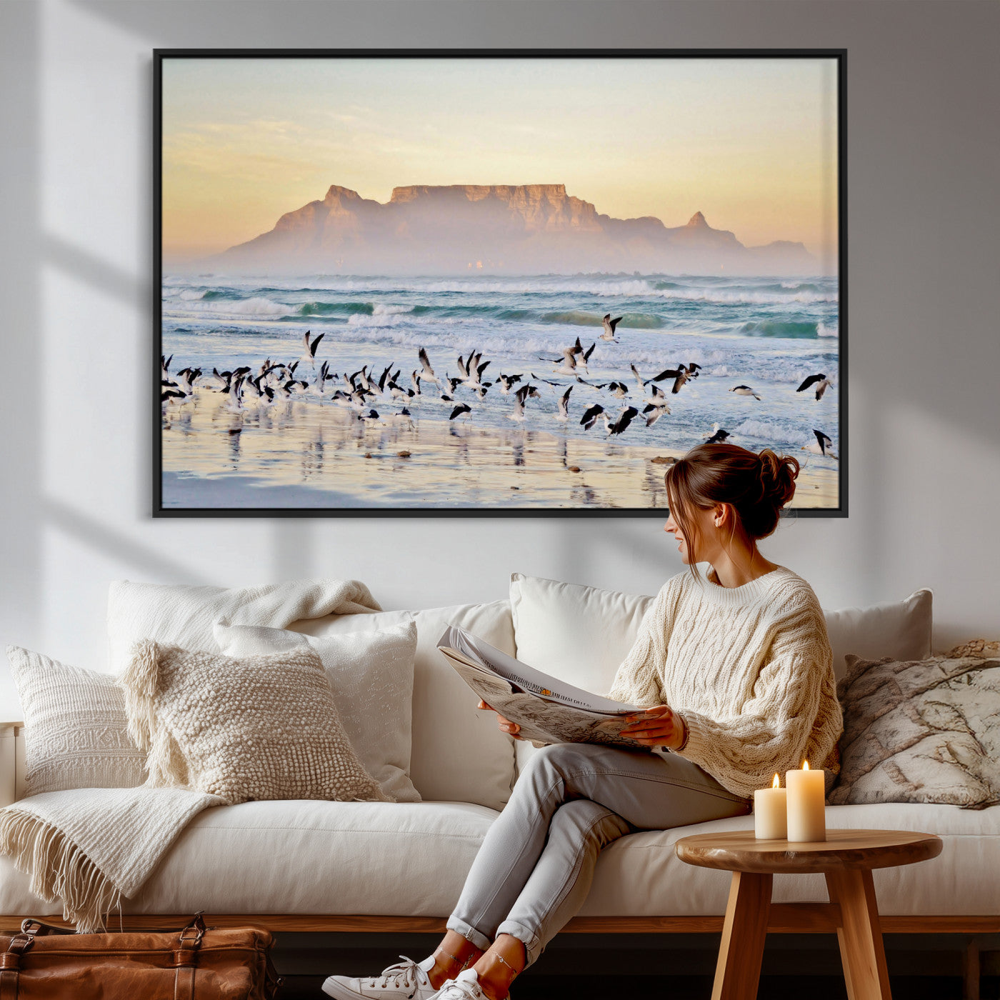 78989362-MGV-CV-36X24 - Seagulls Over Ocean Wall Art Canvas Print – Coastal Beach Landscape Artwork for Living Room Decor