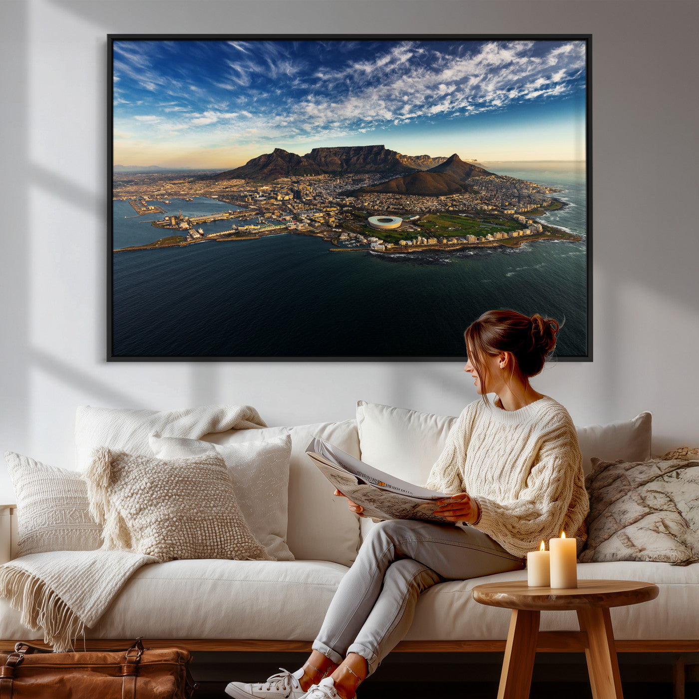 14654591-MGV-CV-36X24 - Cape Town Skyline Wall Art Canvas Print – Table Mountain Coastal Cityscape Artwork for Modern Office Decor