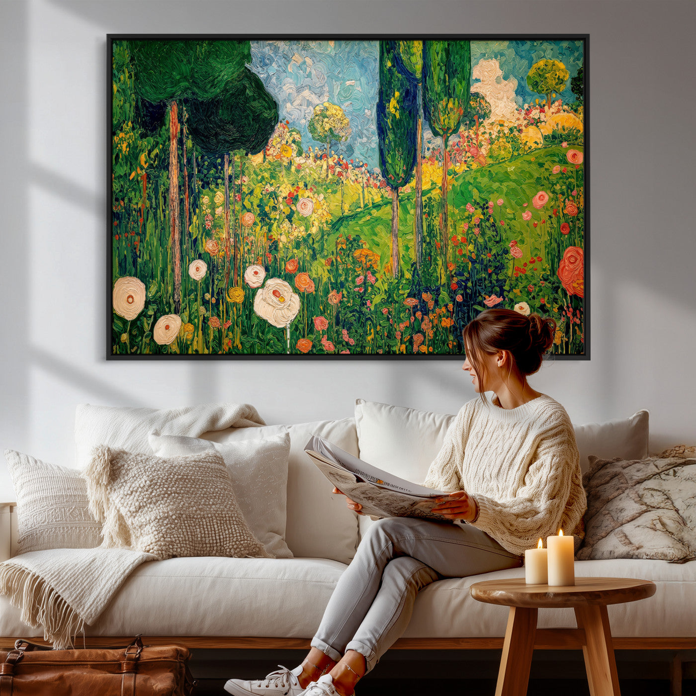 83517974-MGV-CV-36X24 - Gustav Klimt Boho Mountain Landscape Large Wall Art, Horizontal Gold Framed Canvas Print with Sun and Flowers