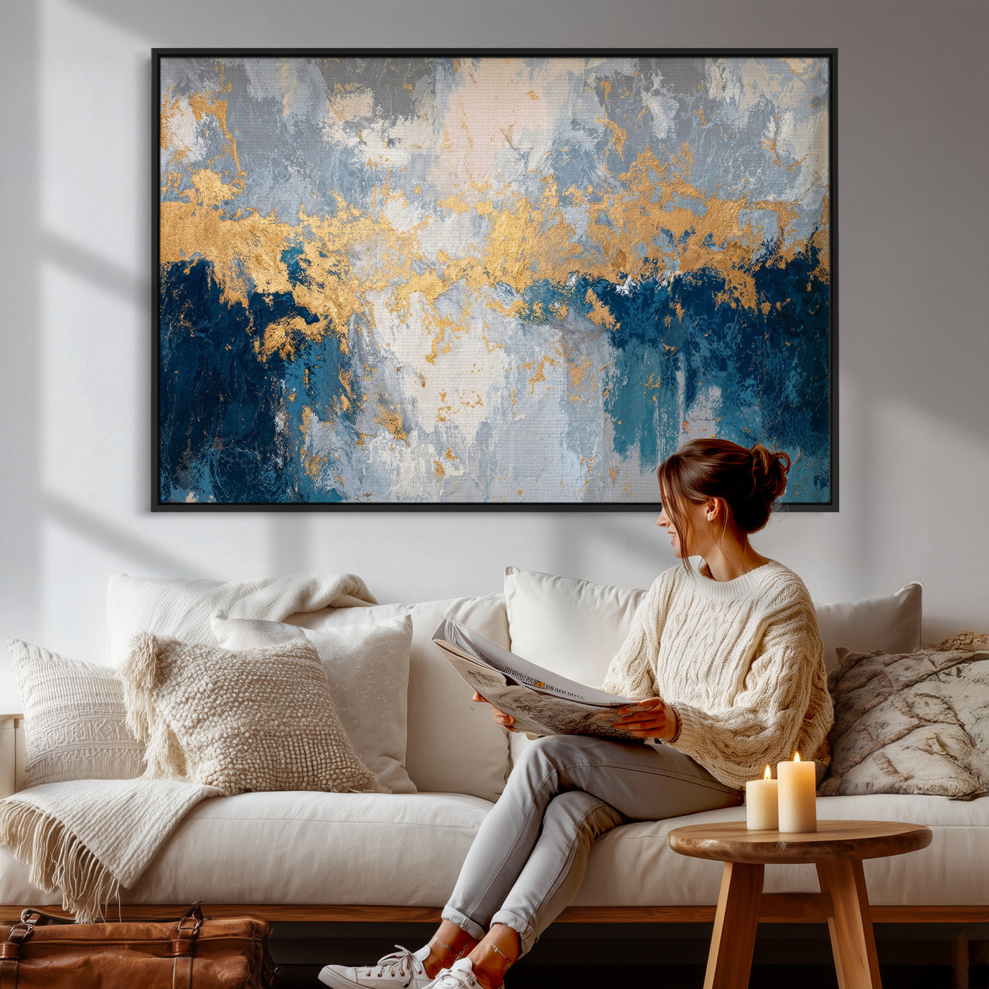 65386119-MGV-CV-36X24 - Blue Gold Abstract Large Framed Canvas Wall Art, Modern Luxury Painting Print in Horizontal Oversized Minimal Wall Decor Artwork