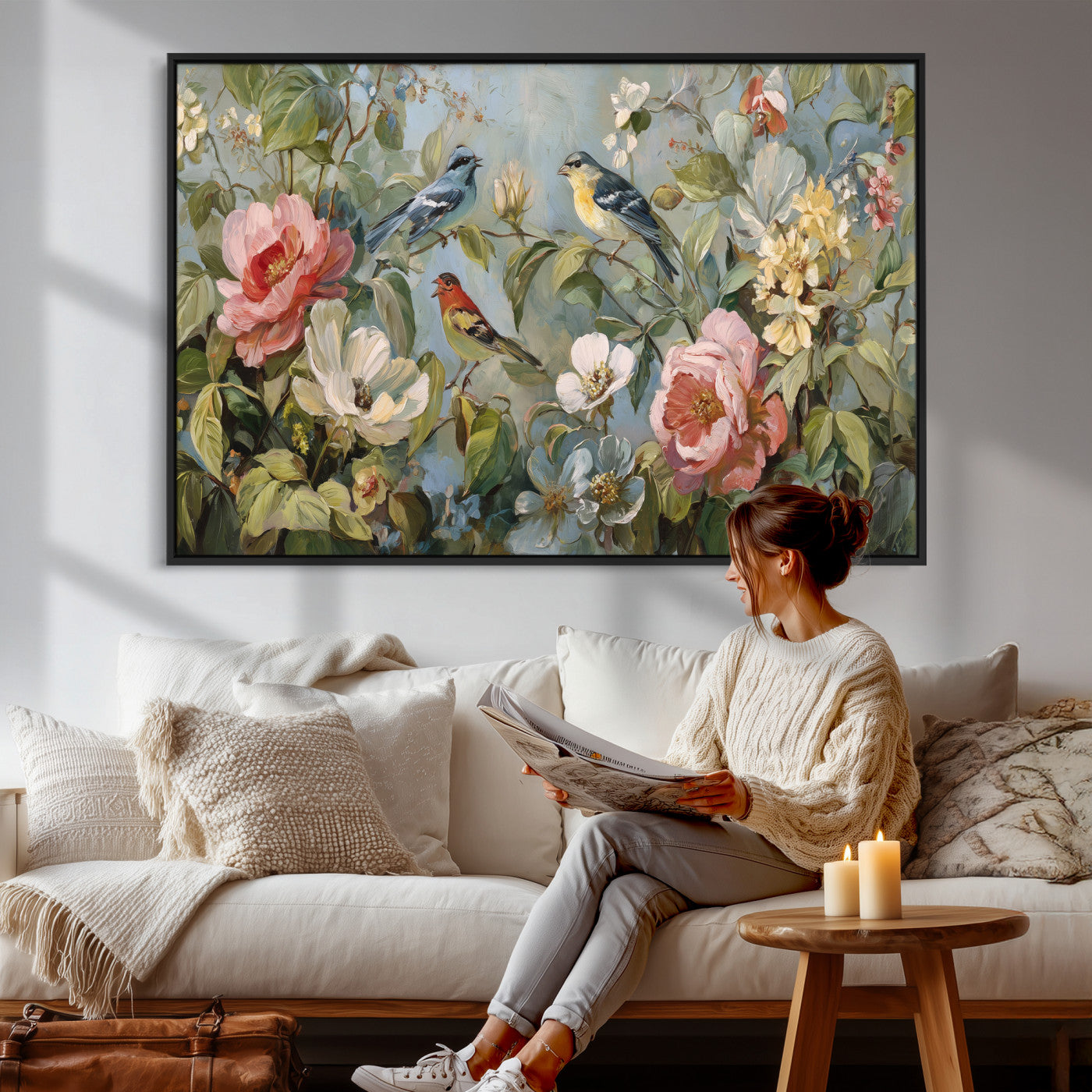 55440837-MGV-CV-36X24 - Vintage Birds and Flowers Wall Art Canvas Print, Botanical Bird Painting Canvas Print, Floral Garden Bird Artwork Canvas Print, Classic Bird Flower Painting Canvas Print