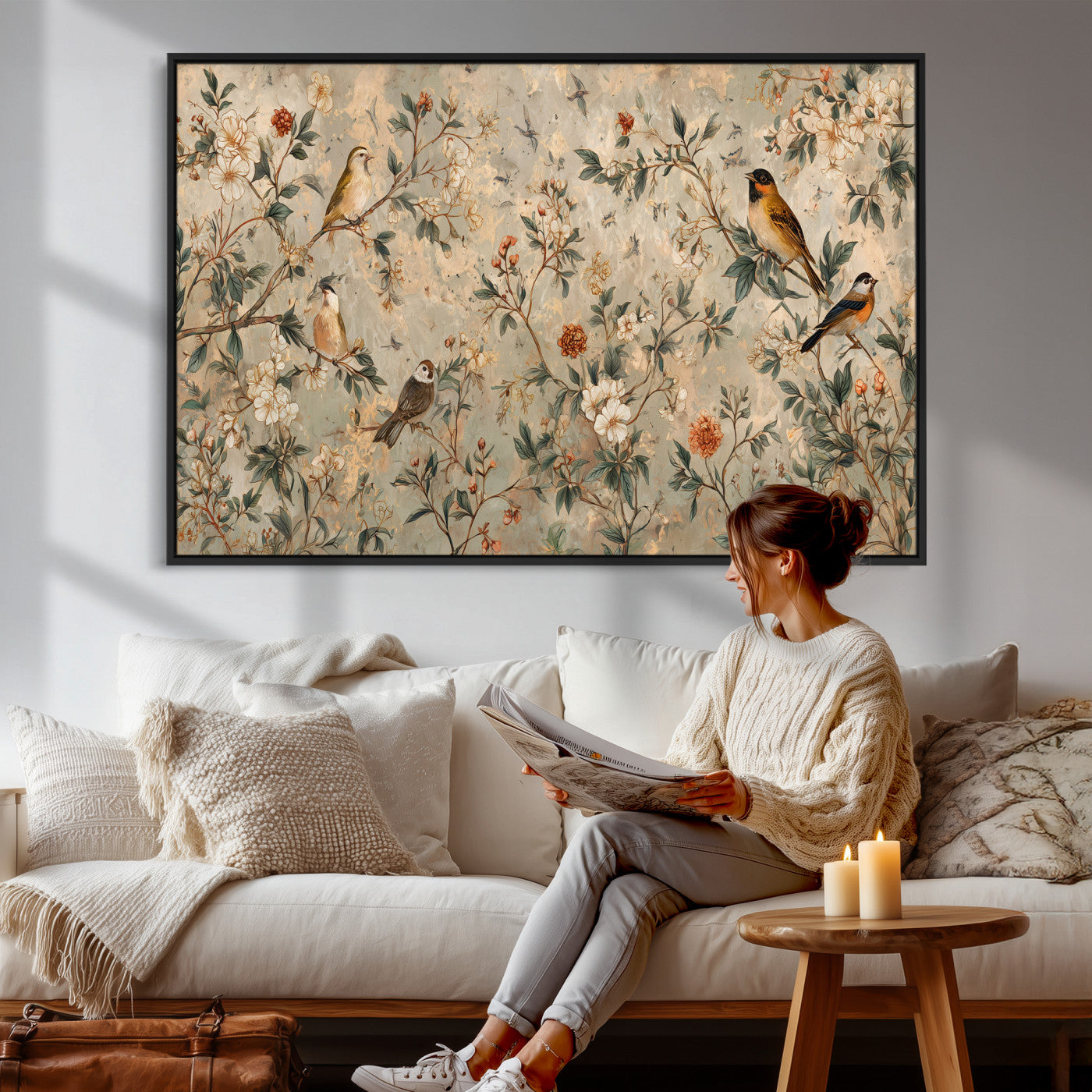 76588438-MGV-CV-36X24 - Vintage Birds and Flowers Wall Art Canvas Print, Botanical Bird Painting Canvas Print, Floral Garden Bird Artwork Canvas Print, Classic Bird Flower Painting Canvas Print
