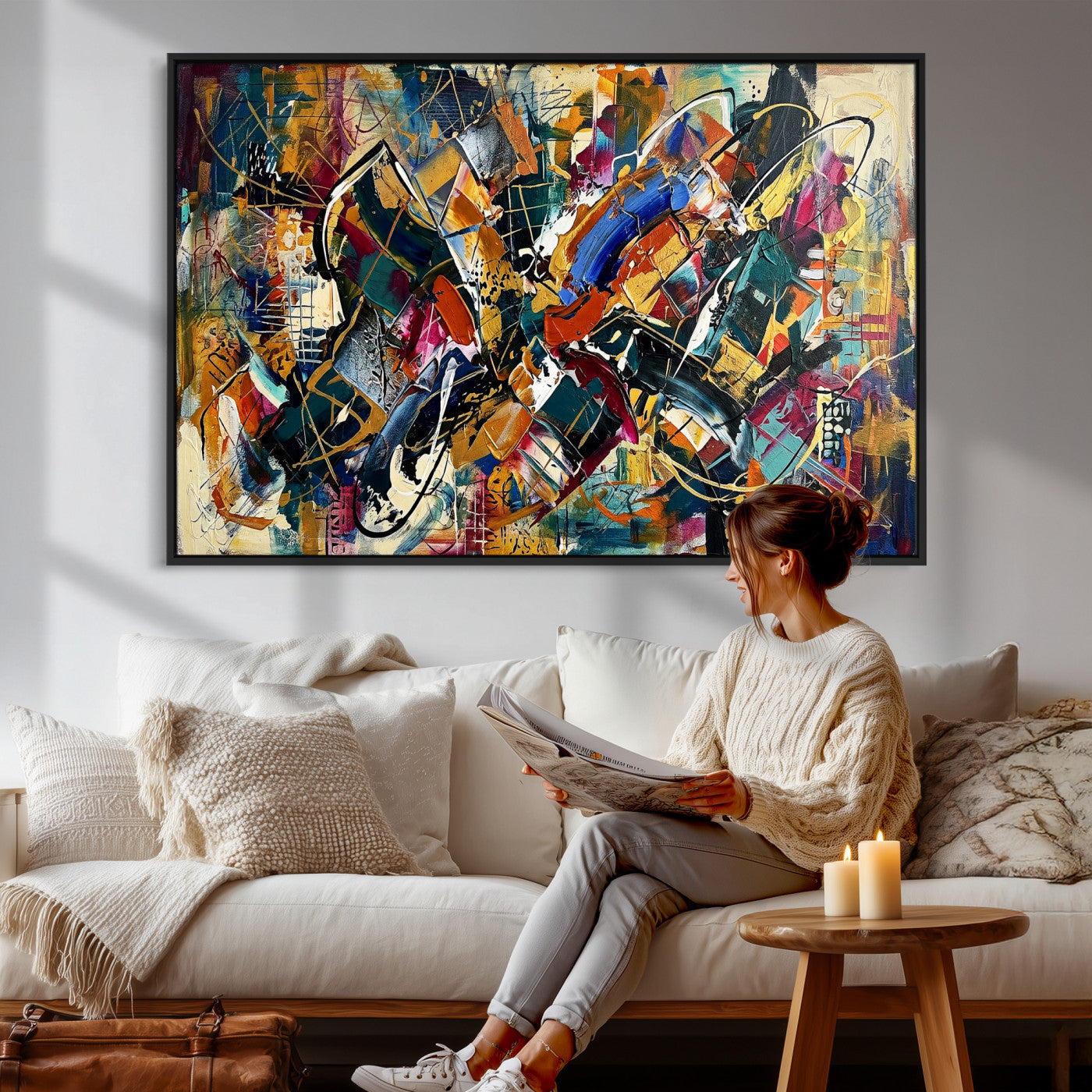 15525527-MGV-CV-36X24 - Geometric Abstract Wall Art Canvas Print, Orange Blue Abstract Expressionist Painting Print, Modern Geometric Abstract Canvas Art