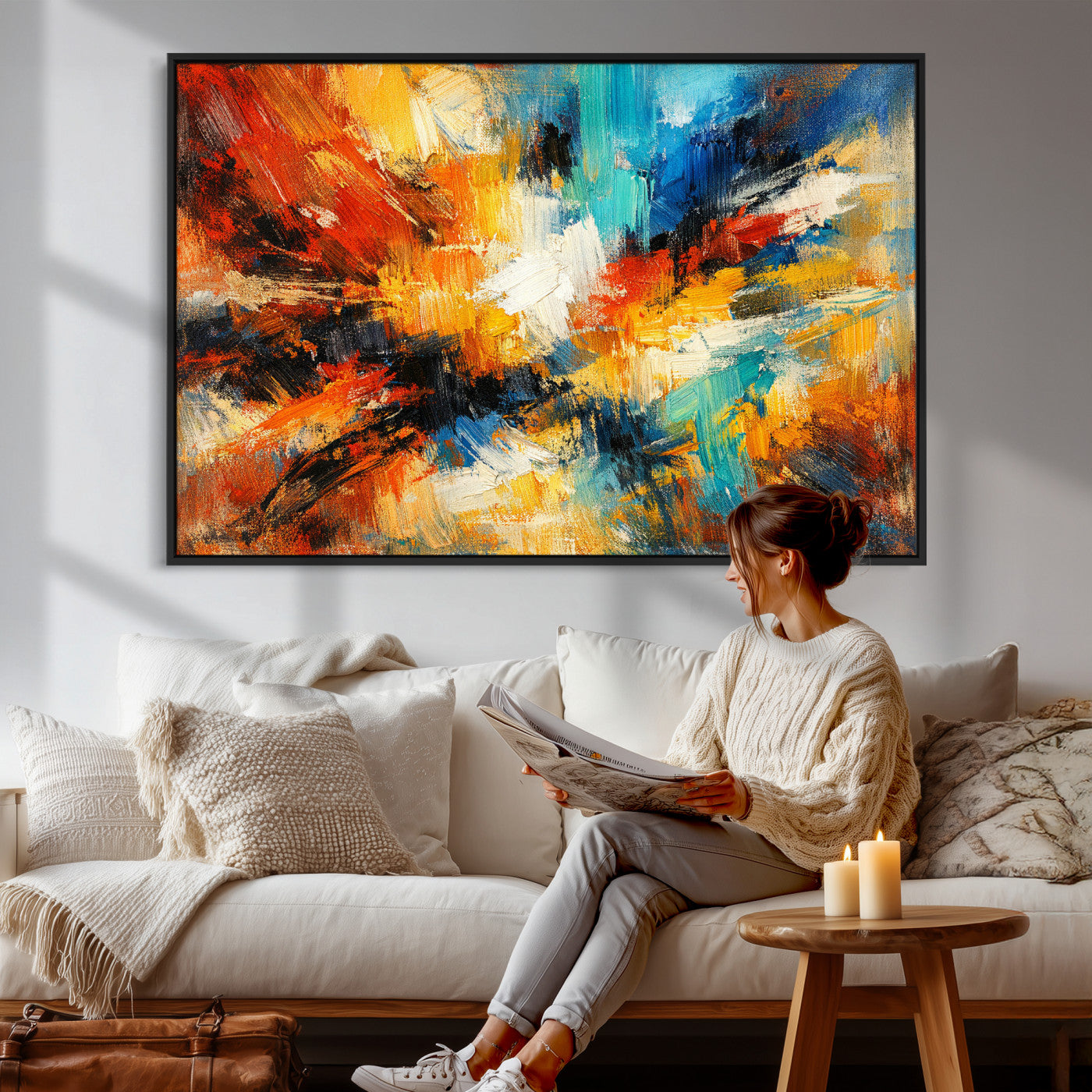 93167583-MGV-CV-36X24 - Geometric Abstract Wall Art Canvas Print, Orange Blue Abstract Expressionist Painting Print, Modern Geometric Abstract Canvas Art