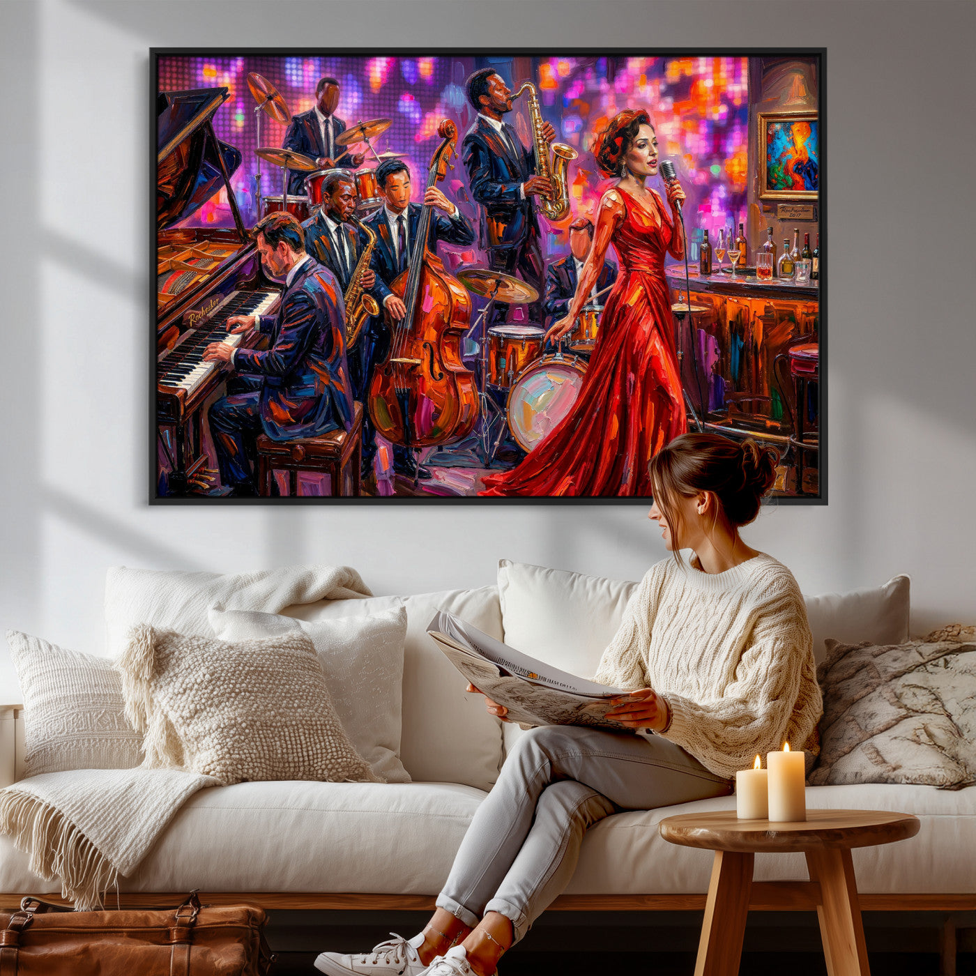 620930J20-MGV-CV-36X24 - Jazz Band Canvas Wall Art — Jazz Club Singer Saxophone Print | Music Wall Decor | Bar Restaurant Art | Music Lover Gift | Jazz Home Decor