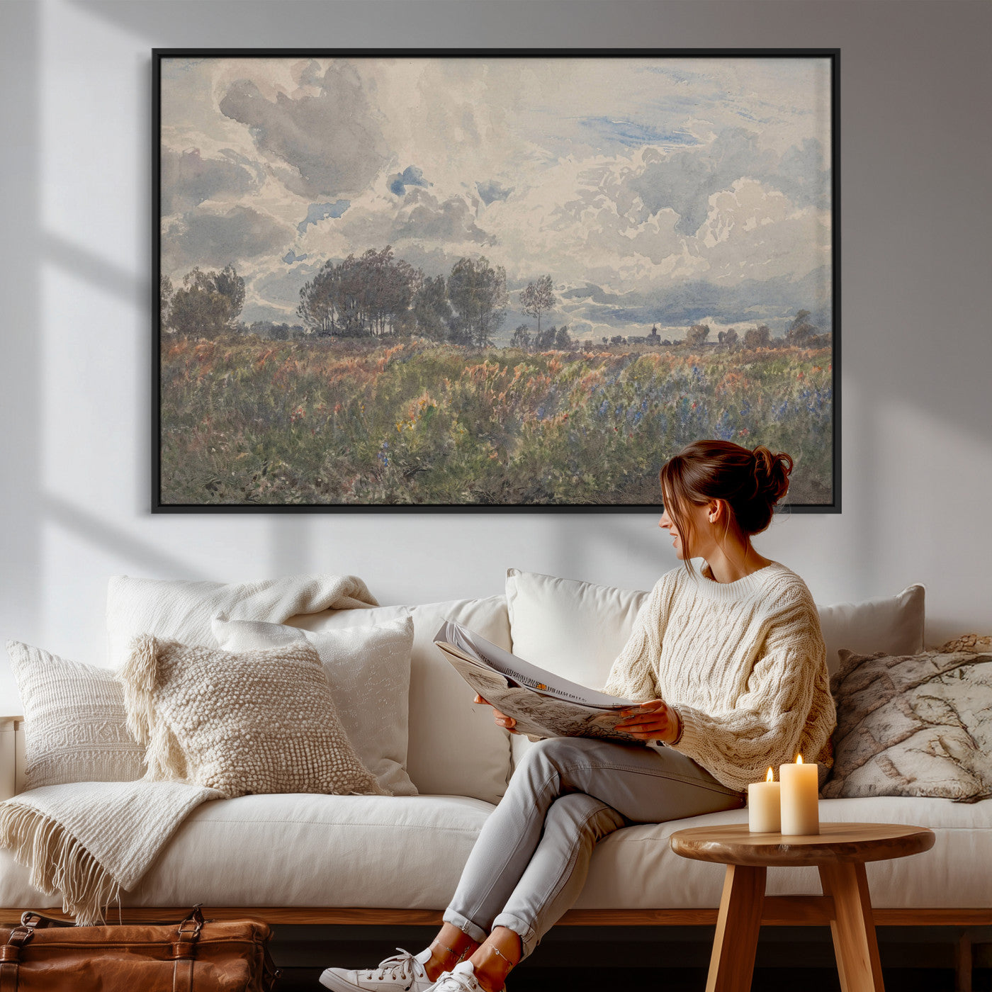 76626885-MGV-CV-36X24 - Vintage Watercolor Meadow Canvas Wall Art — English Pastoral Wildflower Storm Sky Print | Cottagecore Nature Decor | Classic Landscape Gift