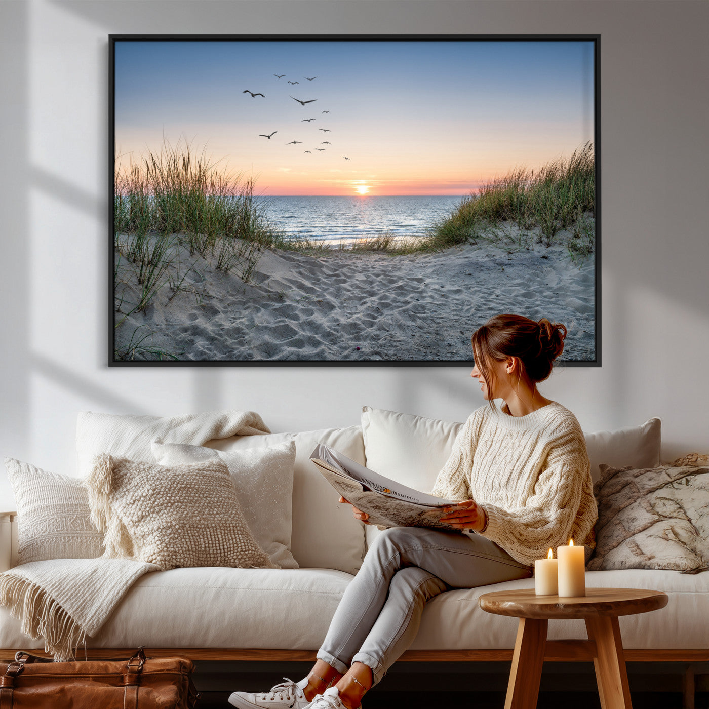 12172032-MGV-CV-36X24 - Sandy Dune Path Sunset Canvas Wall Art — Seagulls Beach Ocean Photography Print | Coastal Home Decor | Nautical Wall Art | Beach House Gift