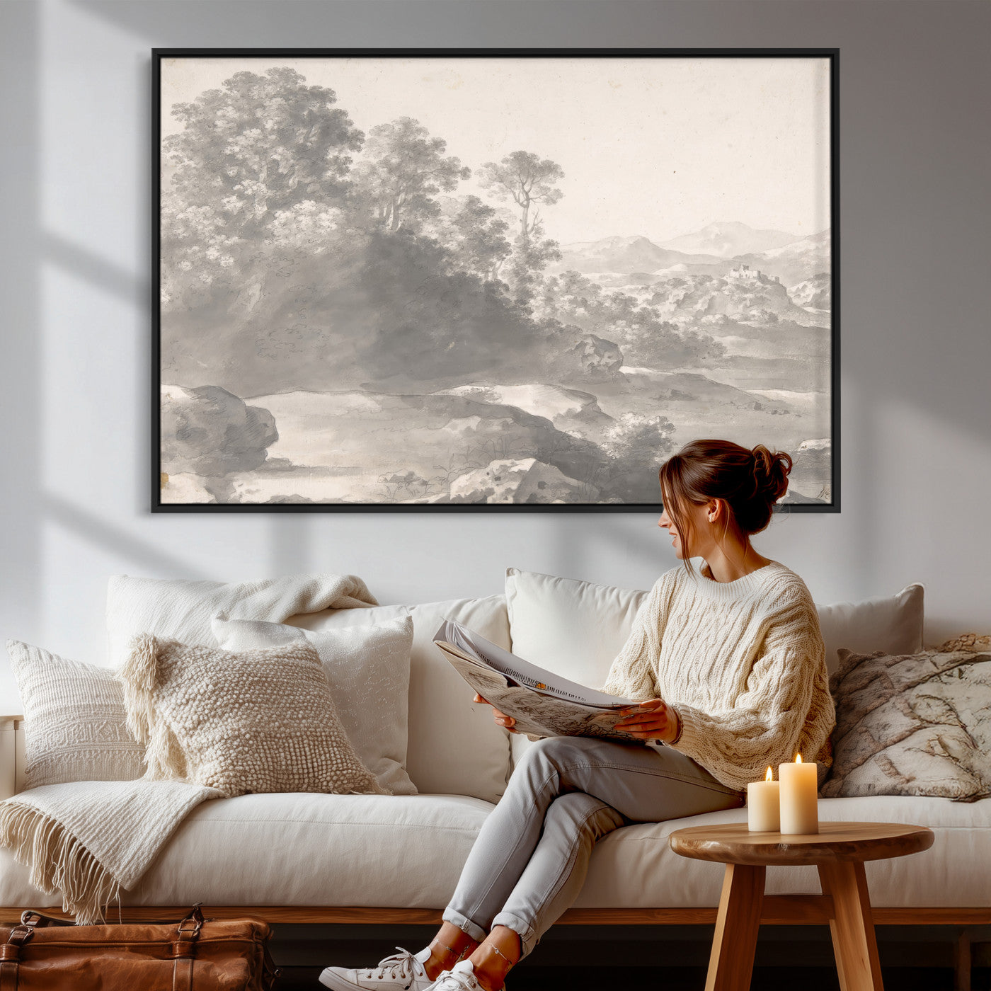 33041209-MGV-CV-36X24 - Van Poelenburch Landscape Canvas Wall Art — Dutch Golden Age Gray Wash Drawing Print | Baroque Italianate Nature Decor | Old Master Classic Gift