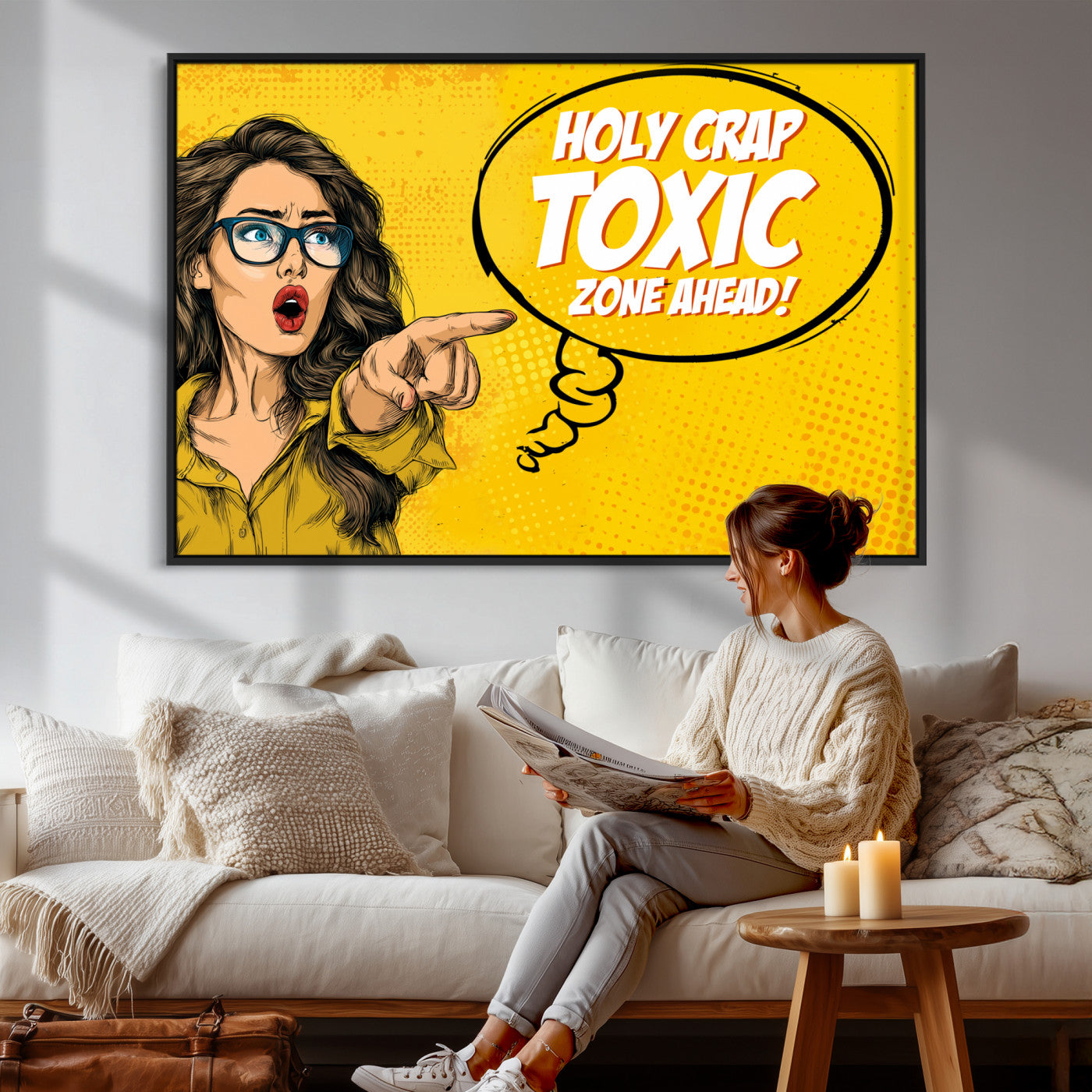 79751885-MGV-CV-36X24 - Pop Art Print Bathroom Sign Wall Art Canvas Print — Funny Bathroom Canvas | Comic Style Toilet Wall Decor | Humor Gift | Yellow Bold Bathroom Art