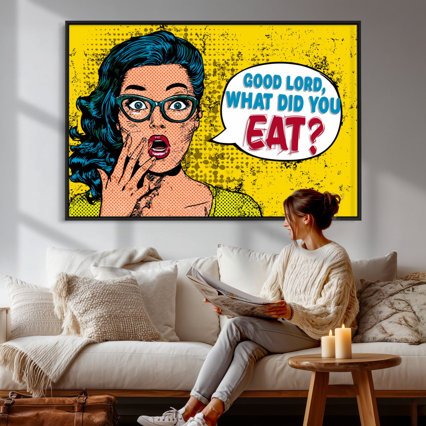 88217969-MGV-CV-36X24 - Pop Art Print Bathroom Sign Wall Art Canvas Print — Funny Bathroom Canvas | Comic Style Toilet Wall Decor | Humor Gift | Yellow Bold Bathroom Art