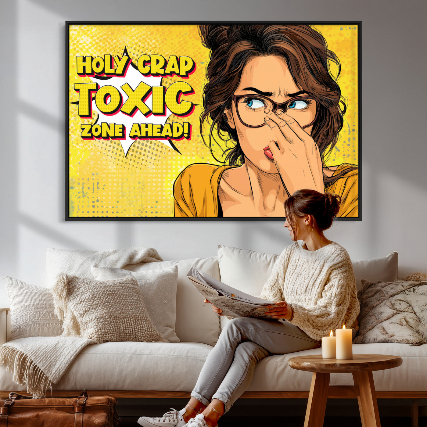 96263876-MGV-CV-36X24 - Pop Art Print Bathroom Sign Wall Art Canvas Print — Funny Bathroom Canvas | Comic Style Toilet Wall Decor | Humor Gift | Yellow Bold Bathroom Art