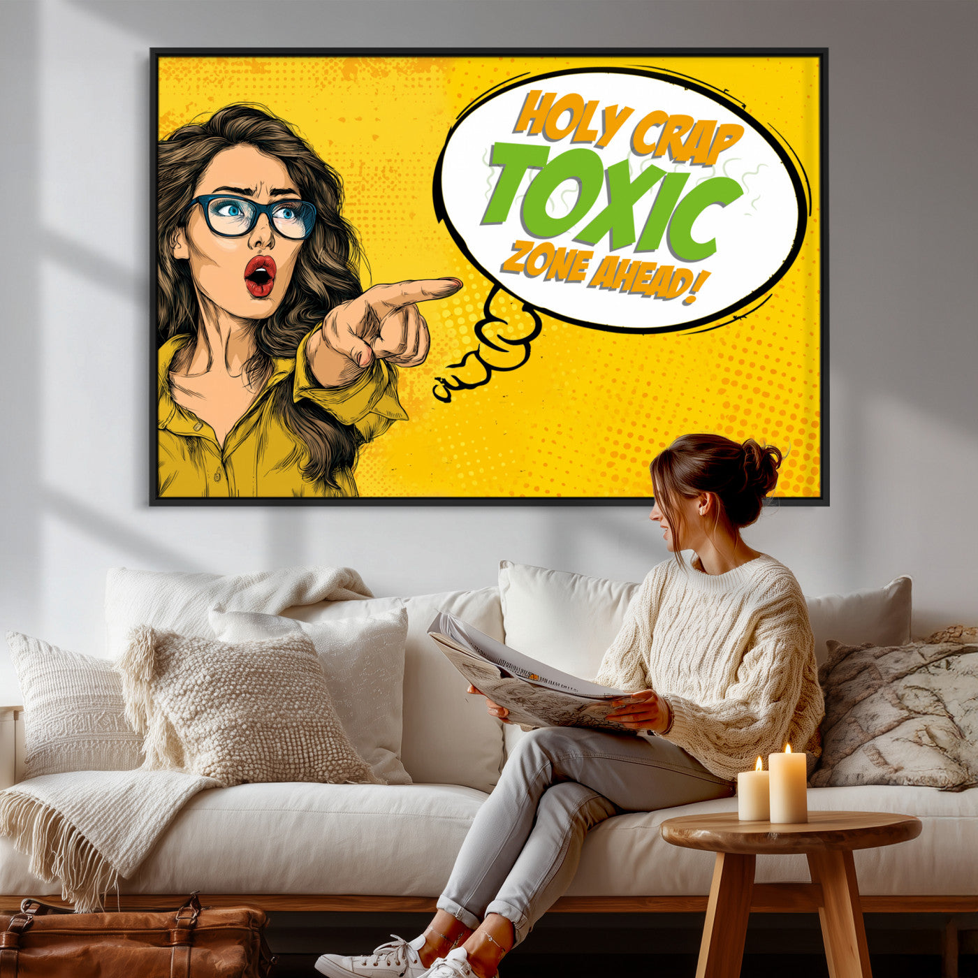 79156505-MGV-CV-36X24 - Pop Art Print Bathroom Sign Wall Art Canvas Print — Funny Bathroom Canvas | Comic Style Toilet Wall Decor | Humor Gift | Yellow Bold Bathroom Art