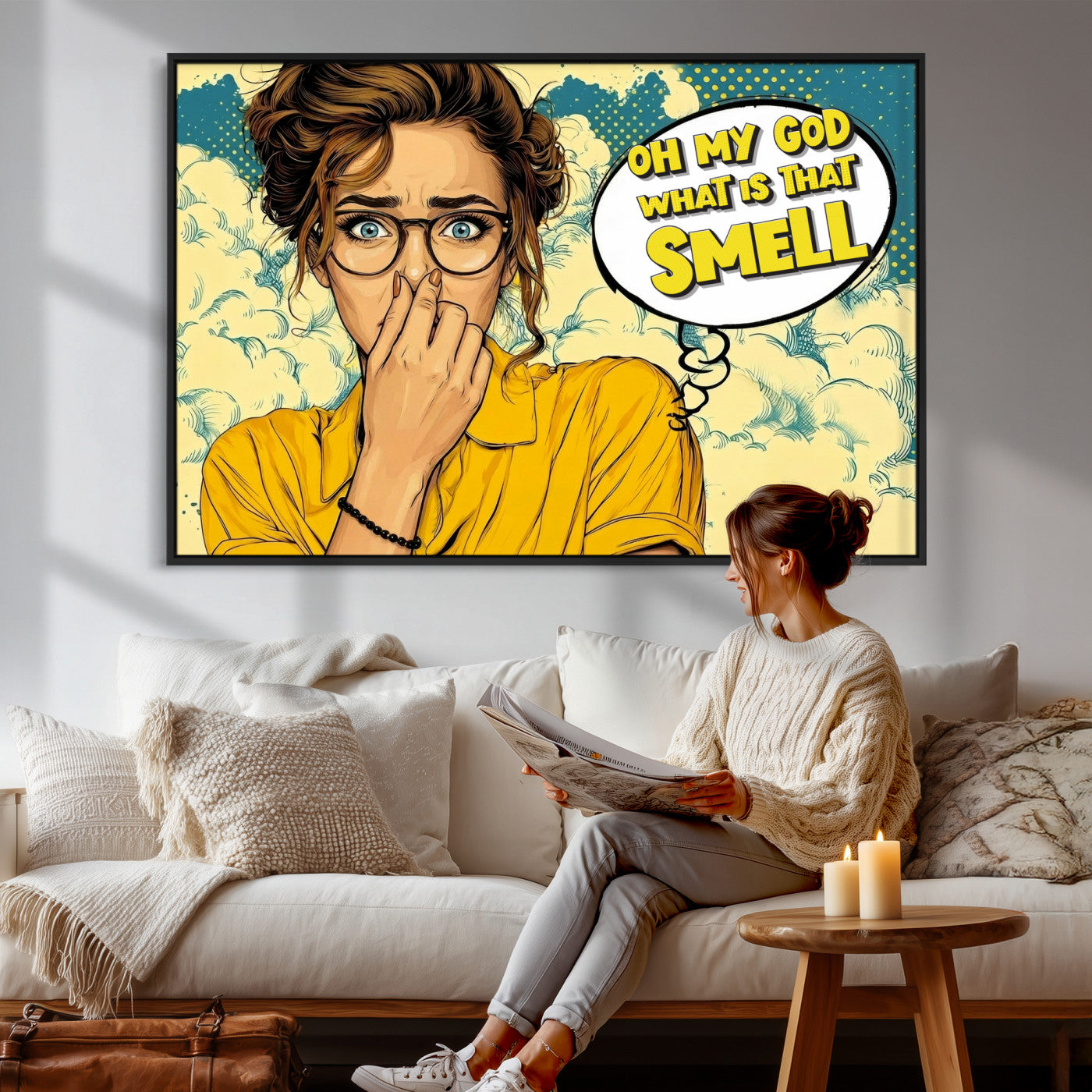 B79156505-MGV-CV-36X24 - Pop Art Print Bathroom Sign Wall Art Canvas Print — Funny Bathroom Canvas | Comic Style Toilet Wall Decor | Humor Gift | What is that Smell