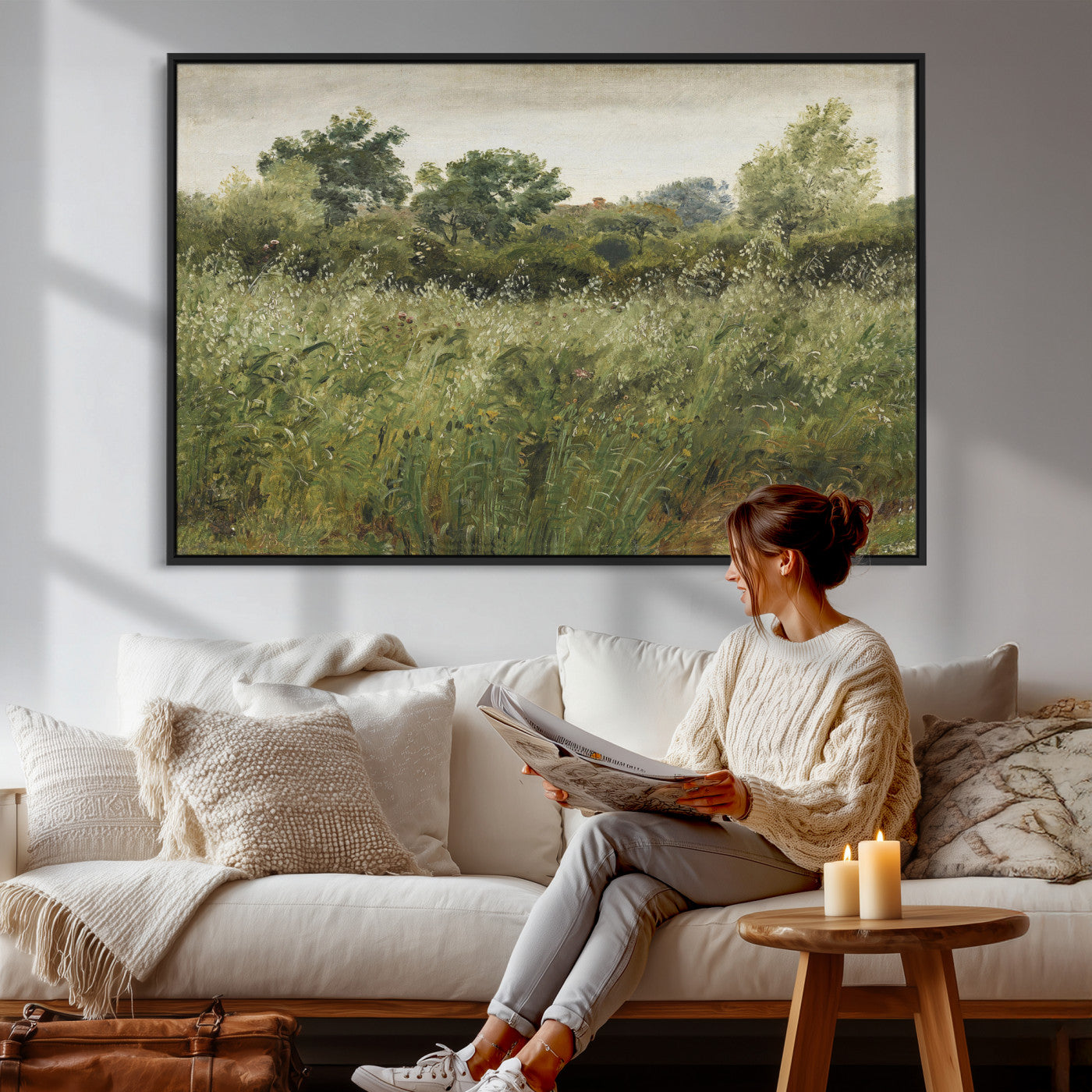 92328261-MGV-CV-36X24 - Wildflower Meadow Canvas Wall Art, Impressionist Overgrown Field Painting Print, Vintage Green Nature Decor, Cottagecore Botanical Art, Living Room Print