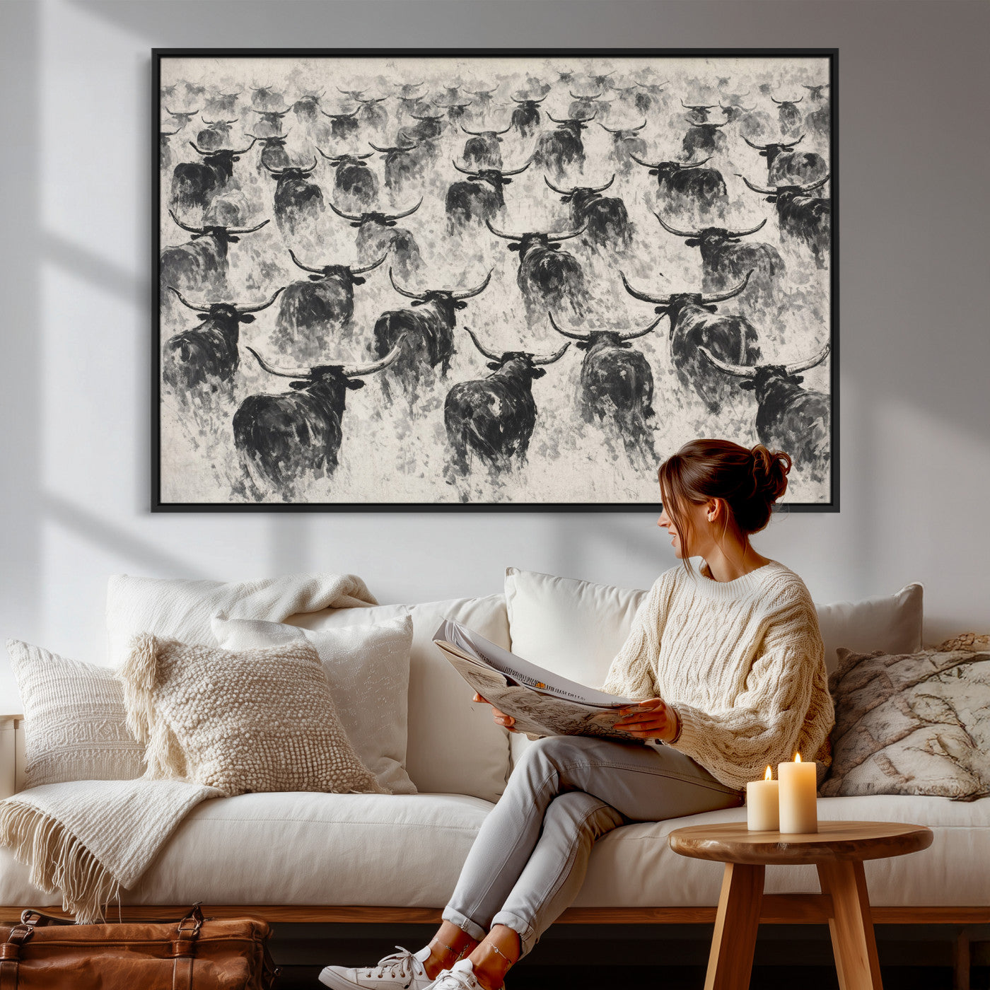 73328525-MGV-CV-36X24 - Texas Longhorn Drawing Canvas Wall Art, Western Cattle Stampede Painting Print, Warm Amber Ranch Decor, Rustic Cowboy Home Art, Large Living Room Decor