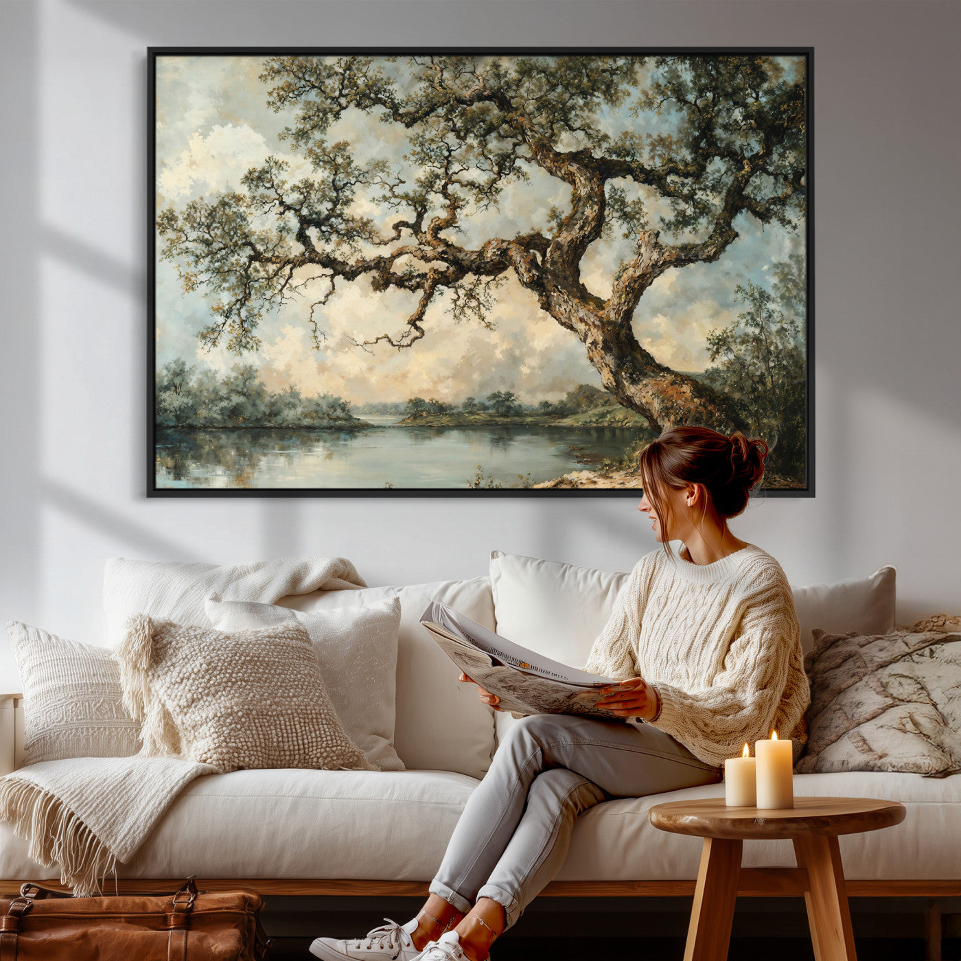 63857726-MGV-CV-36X24 - Old Oak Tree Canvas Wall Art, Turner Inspired Romantic Landscape Print, Vintage Nature Painting, Living Room Wall Decor, Antique Style Tree Art