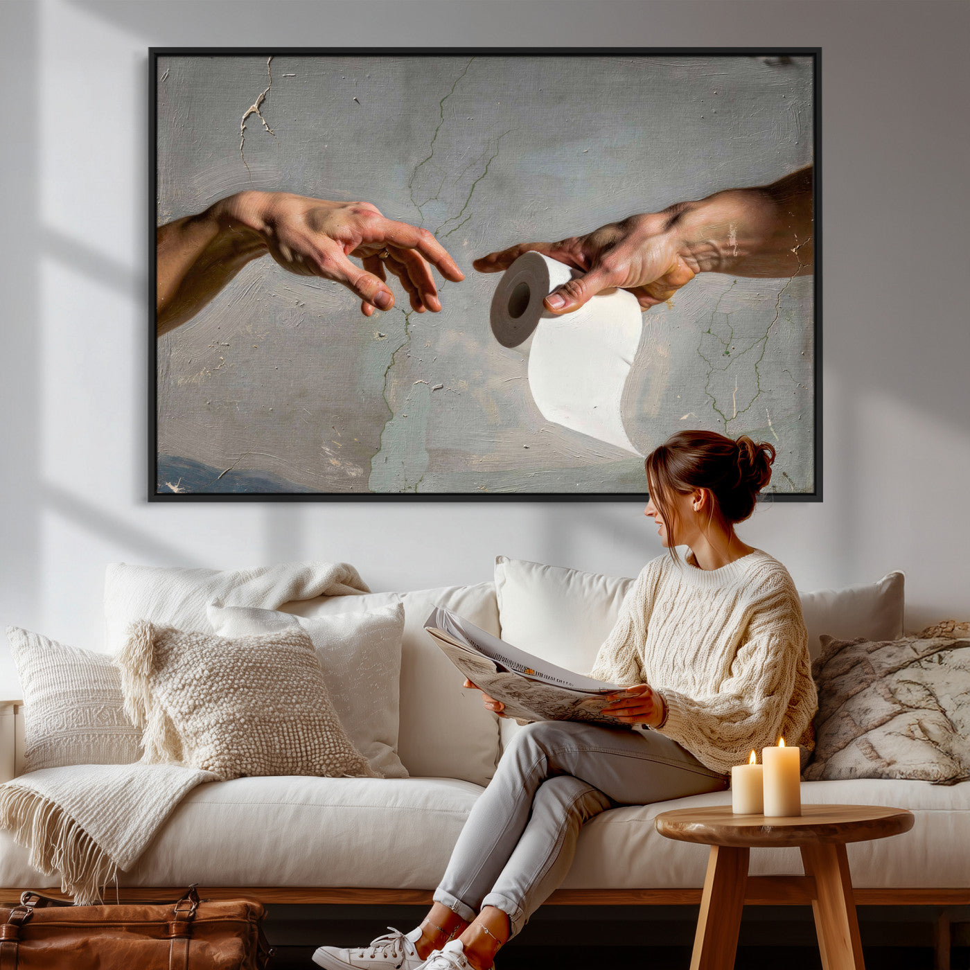 72030048-MGV-CV-36X24 - Funny Bathroom Wall Art Canvas, Creation of Toilet Paper Parody Print, Renaissance Humor Decor, Toilet Room Art, Quirky Housewarming Gift, Classic Art Spoof