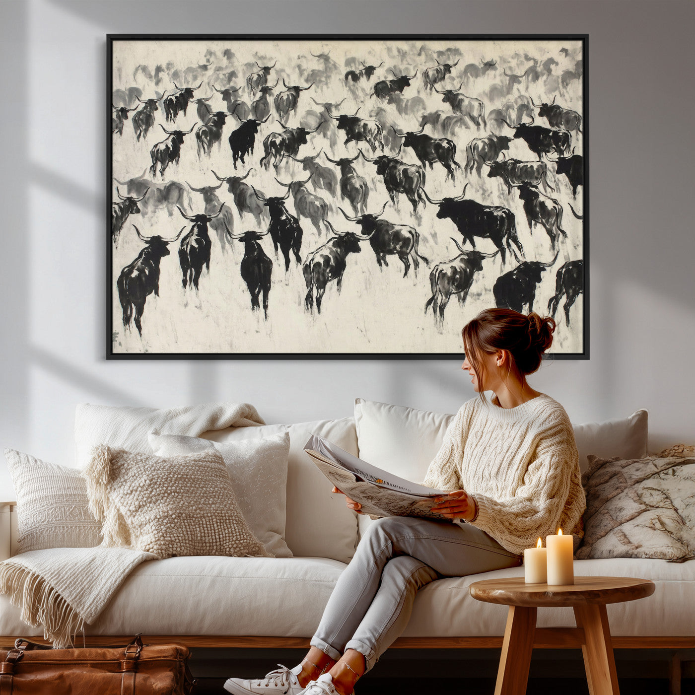 68669792-MGV-CV-36X24 - Longhorn Cattle Canvas Wall Art, Black White Stampede Ink Painting Print, Western Farmhouse Decor, Bull Herd Art, Large Living Room Wall Art, Ranch Home Decor