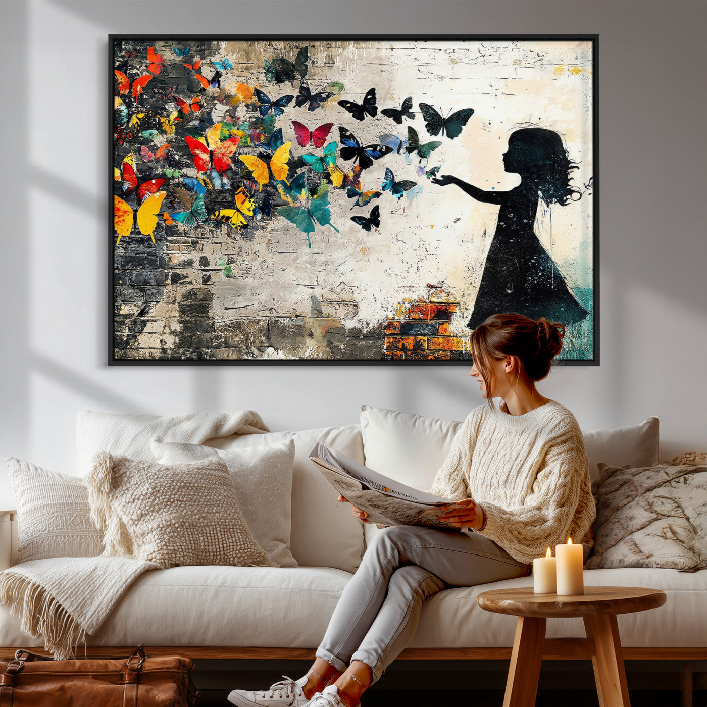 33909022-MGV-CV-36X24 - Banksy Butterfly Girl Wall Art Canvas Print, Framed Street Art Silhouette Graffiti Artwork, Colorful Butterfly Wall Decor for Living Room Bedroom Office