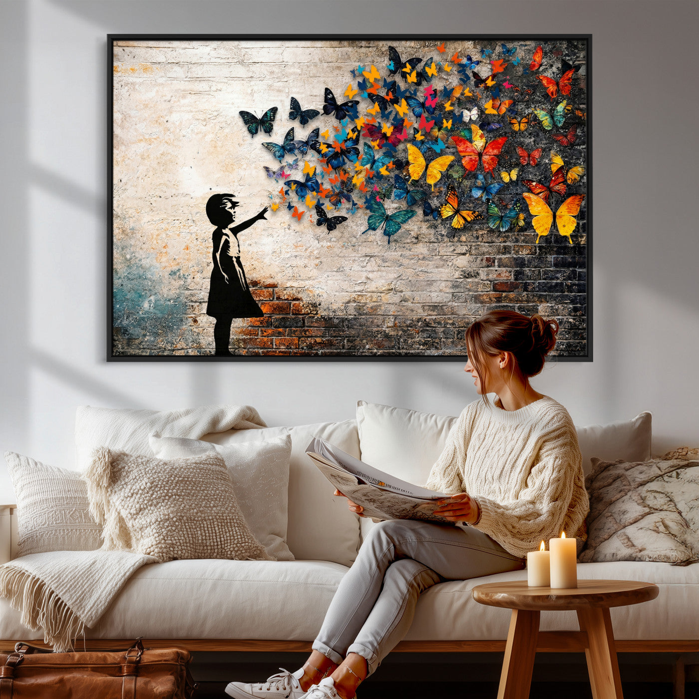 78760384-MGV-CV-36X24 - Banksy Graffiti Butterfly Girl Wall Art Canvas Print, Framed Street Art Canvas Print, Silhouette Butterfly Wall Art for Living Room Bedroom Office