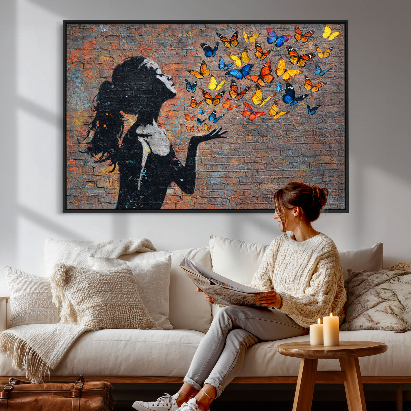 10555939-MGV-CV-36X24 - Urban Banksy Butterfly Girl Wall Art Canvas Print, Framed Street Art Canvas Print, Graffiti Silhouette Butterfly Wall Art for Living Room Bedroom Office