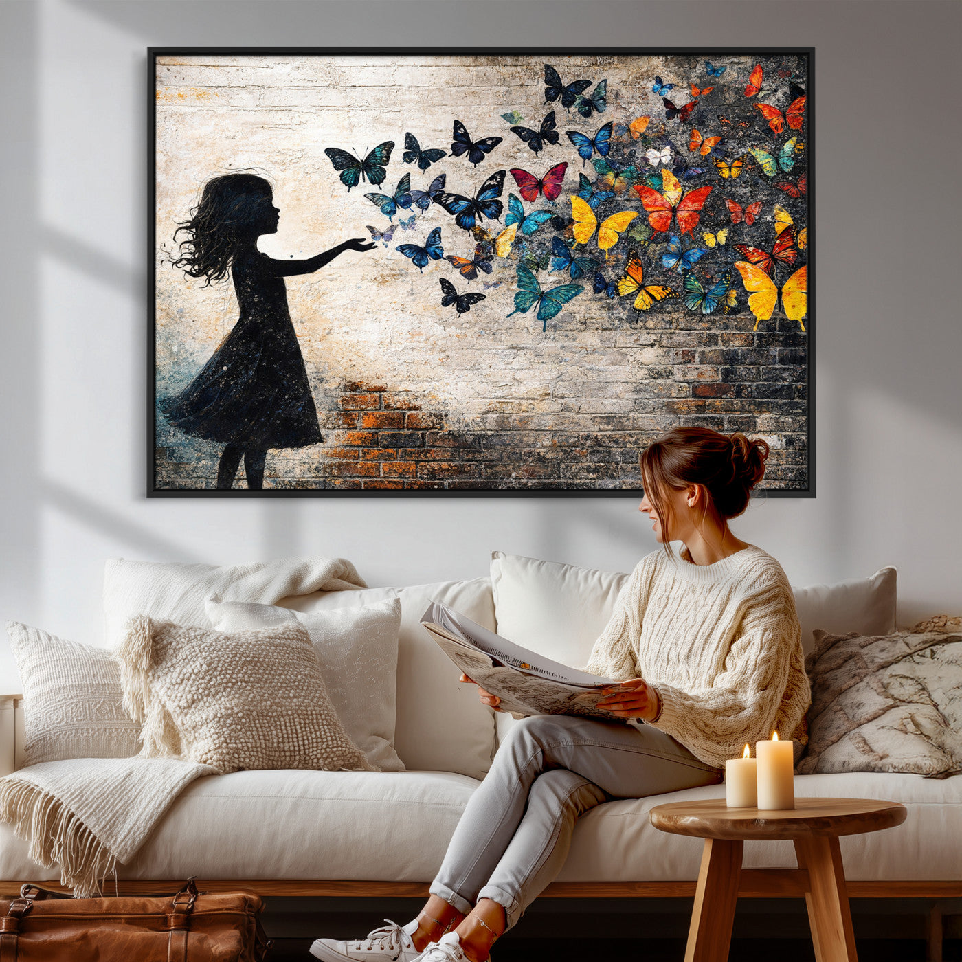 70522594-MGV-CV-36X24 - Banksy Butterfly Girl Wall Art Canvas Print, Framed Street Art Canvas Print, Graffiti Silhouette Butterfly Wall Art for Living Room Bedroom Office