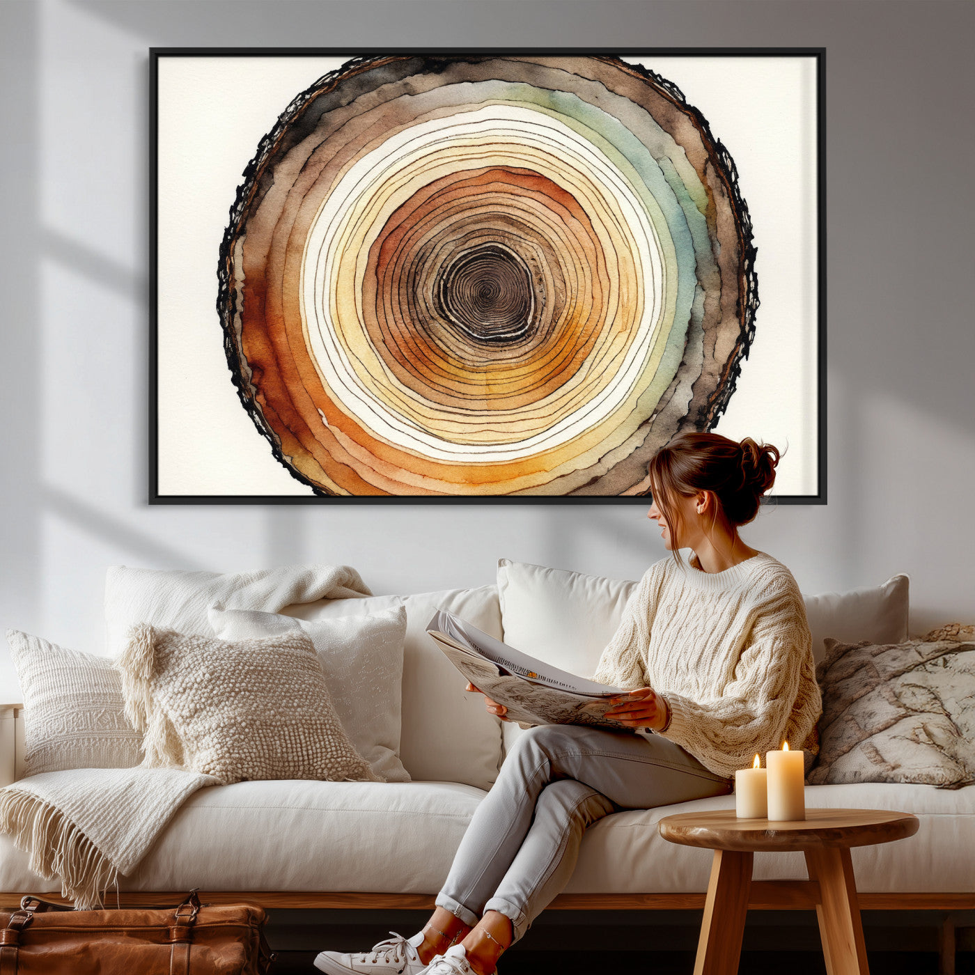13719680-MGV-CV-36X24 - Natural Wood Slice Wall Art Canvas Print, Tree Ring Wall Art, Framed Abstract Nature Wall Decor, Earth Tone Statement Canvas Print