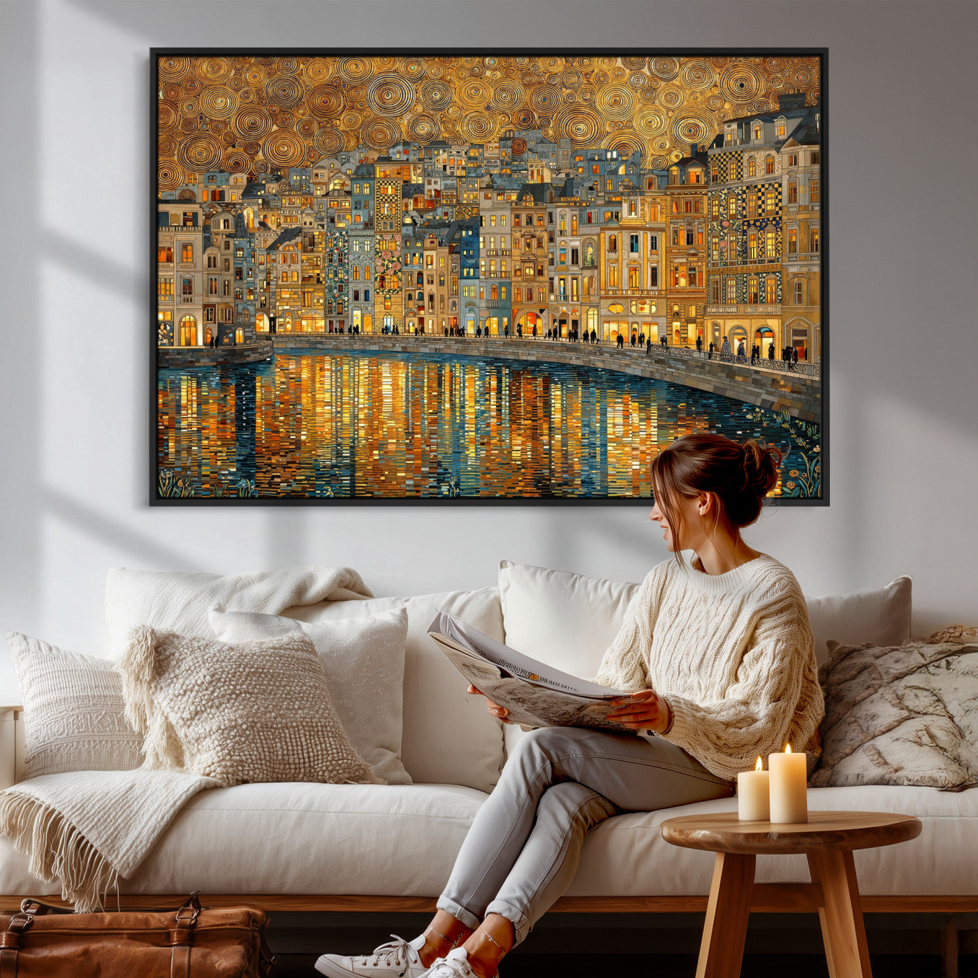 94022787-MGV-CV-36X24 - Gustav Klimt Golden Cityscape Wall Art Canvas Print, Framed River Town Landscape Artwork, Ornate Architecture Wall Decor for Living Room Bedroom Office