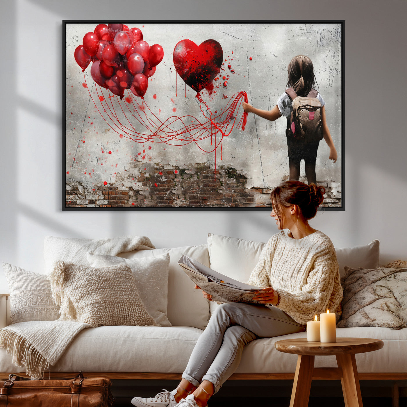 2162830T-MGV-CV-36X24 - Girl Graffiti Wall Art Canvas Print, Red Balloon Heart Street Art, Urban Love Artwork for Living Room Bedroom Hallway Office, Modern Abstract Canvas Wall Decor Home Decor