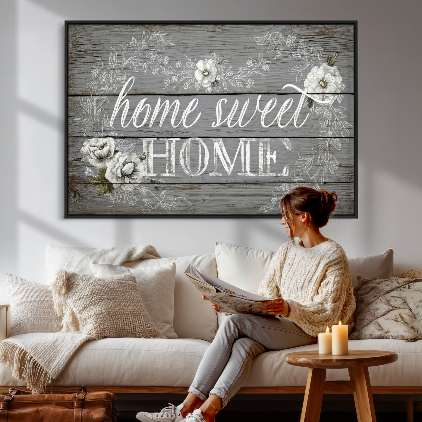 42160089-MGV-CV-36X24 - Home Sweet Home Sign Wall Art Canvas Print, Floral Farmhouse Sign, Rustic Neutral Entryway Bedroom Living Room Decor