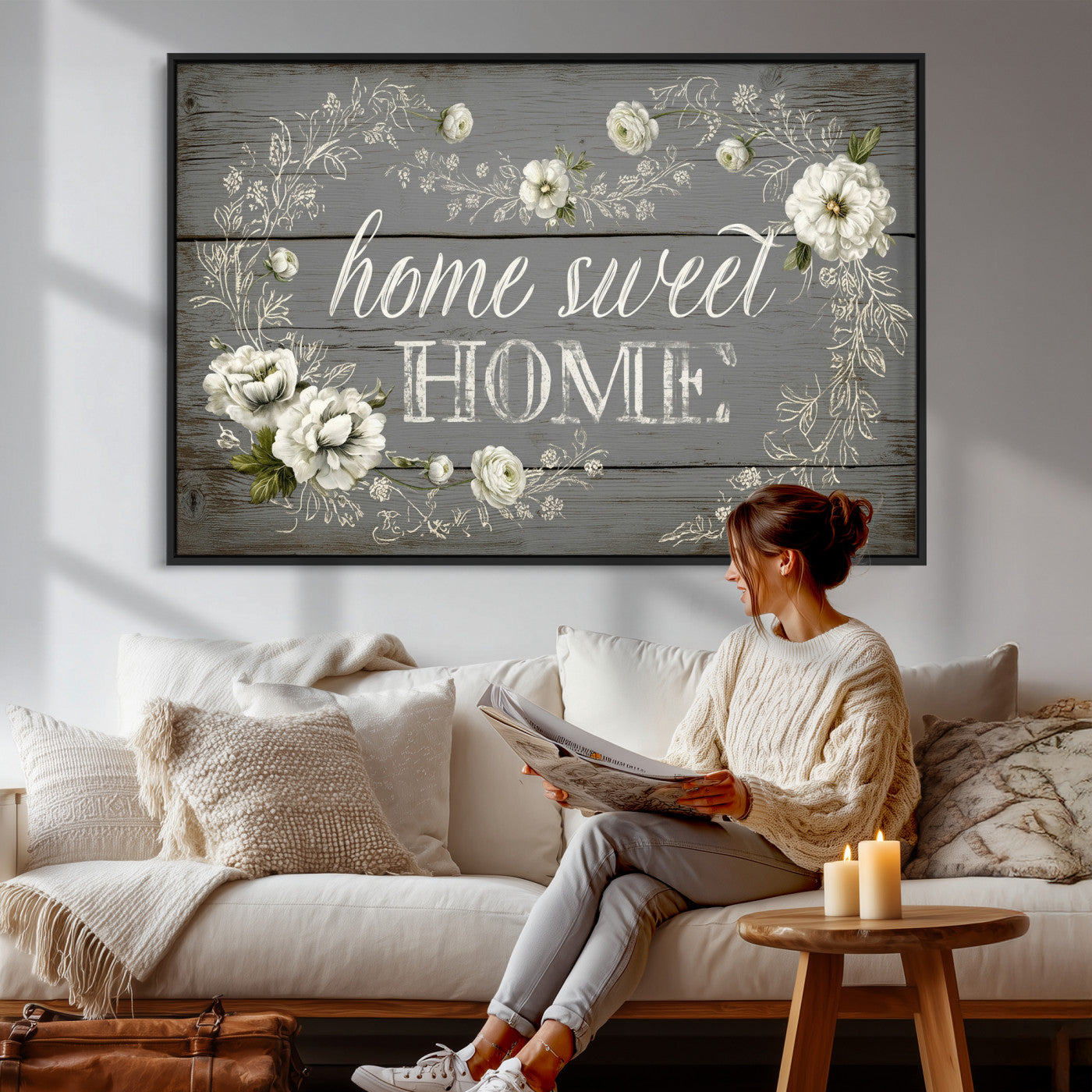 32056075-MGV-CV-36X24 - Home Sweet Home Wall Art Canvas Print, Floral Farmhouse Sign, Rustic Neutral Entryway Bedroom Living Room Decor