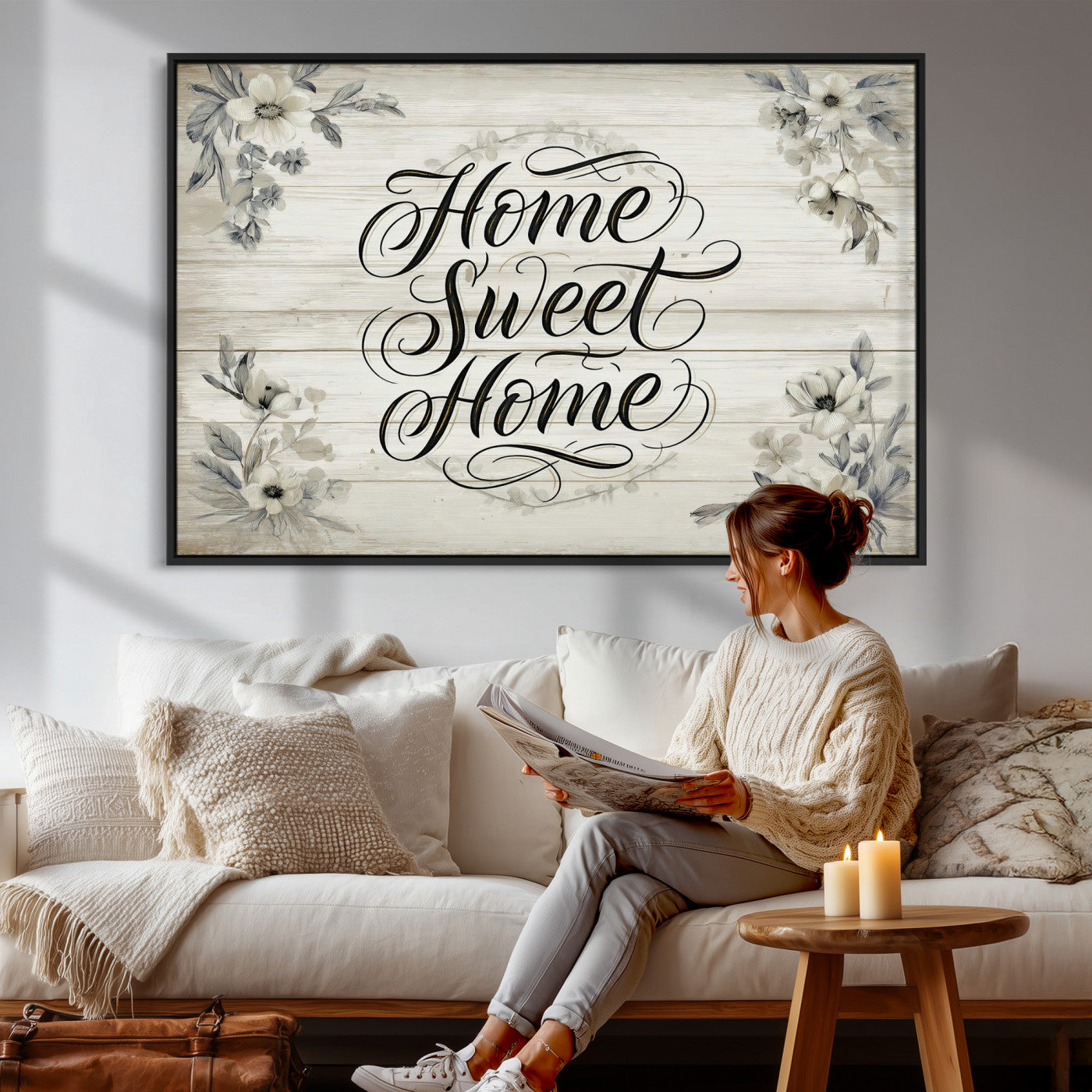 11120405-MGV-CV-36X24 - Home Sweet Home Wall Art Canvas Print, Floral Farmhouse Sign, Rustic Neutral Entryway Bedroom Living Room Decor