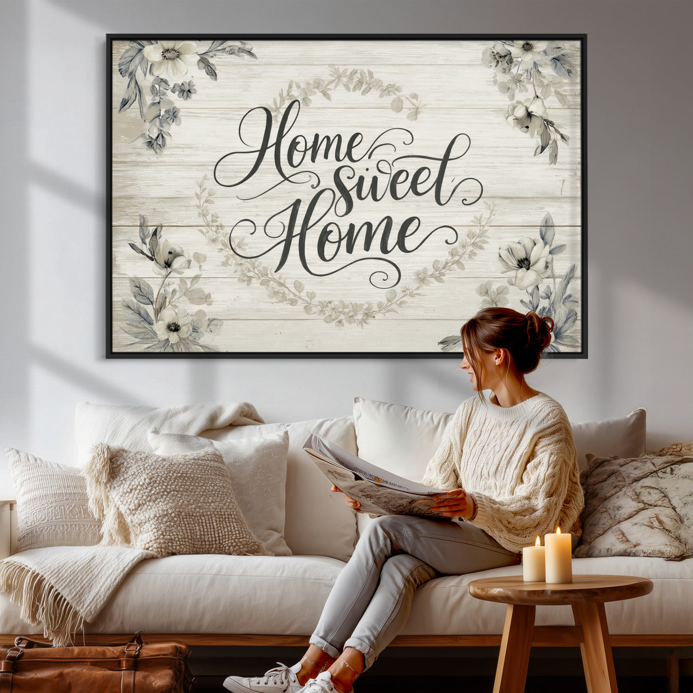 81157008-MGV-CV-36X24 - Home Sweet Home Wall Art Canvas Print, Floral Farmhouse Sign, Rustic Neutral Entryway Bedroom Living Room Decor