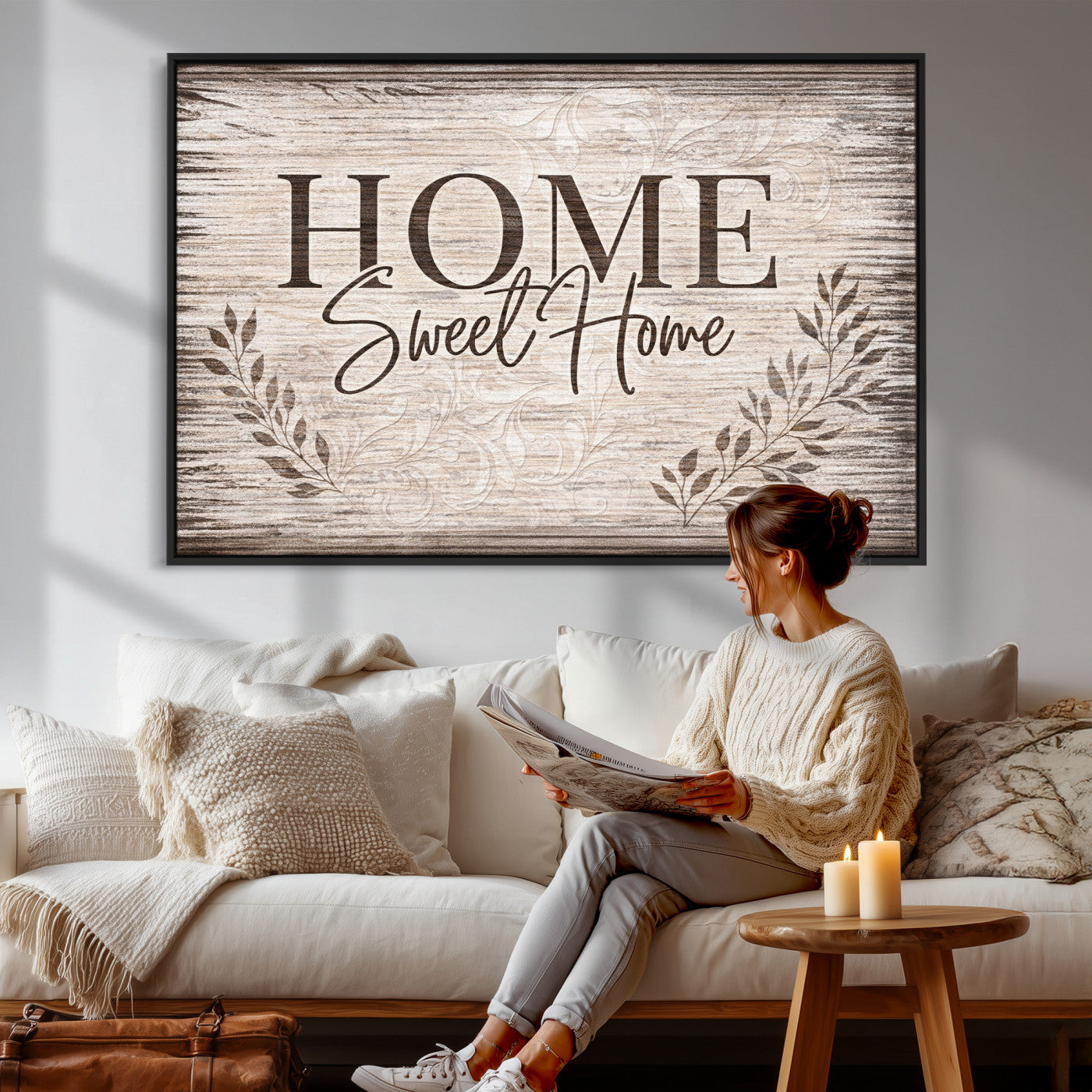 81157008S-MGV-CV-36X24 - Home Sweet Home Wall Art Canvas Print, Floral Farmhouse Sign, Rustic Neutral Entryway Bedroom Living Room Decor