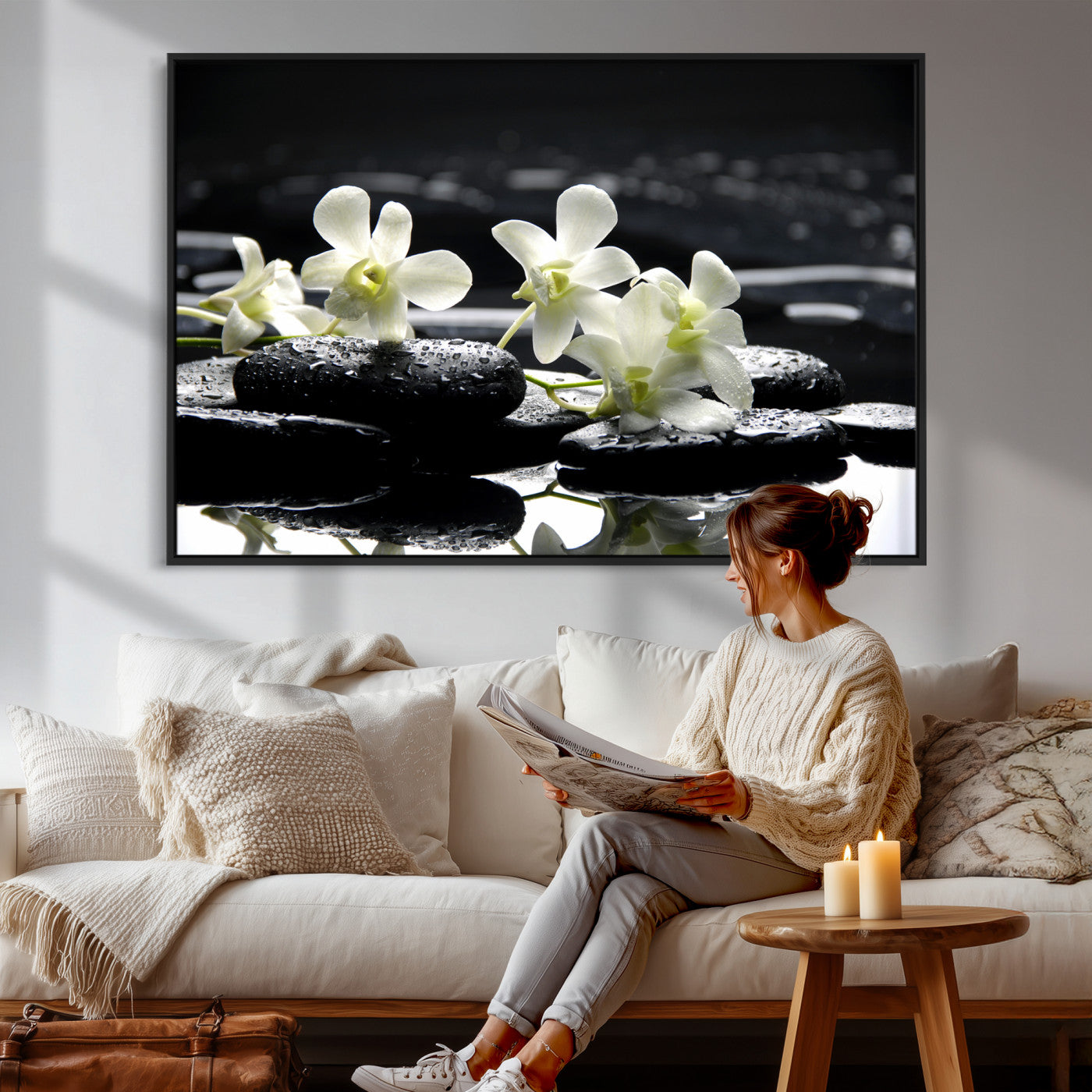 79486206-MGV-CV-36X24 - Plumeria Frangipani Black Stone Canvas | White Flower Spa Photography Print | Tropical Zen Wall Art | Grey Pebble Floral for Meditation Room Decor