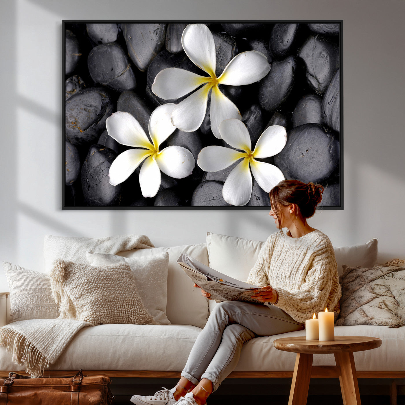 43639613-MGV-CV-36X24 - Plumeria Frangipani Black Stone Canvas | White Flower Spa Photography Print | Tropical Zen Wall Art | Grey Pebble Floral Decor