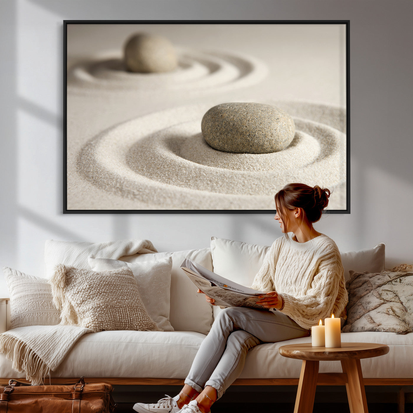 13397966-MGV-CV-36X24 - Zen Garden Stone Sand Canvas | Japanese Rock Garden Wall Art | Minimalist Meditation Print | Neutral Beige Mindfulness Decor