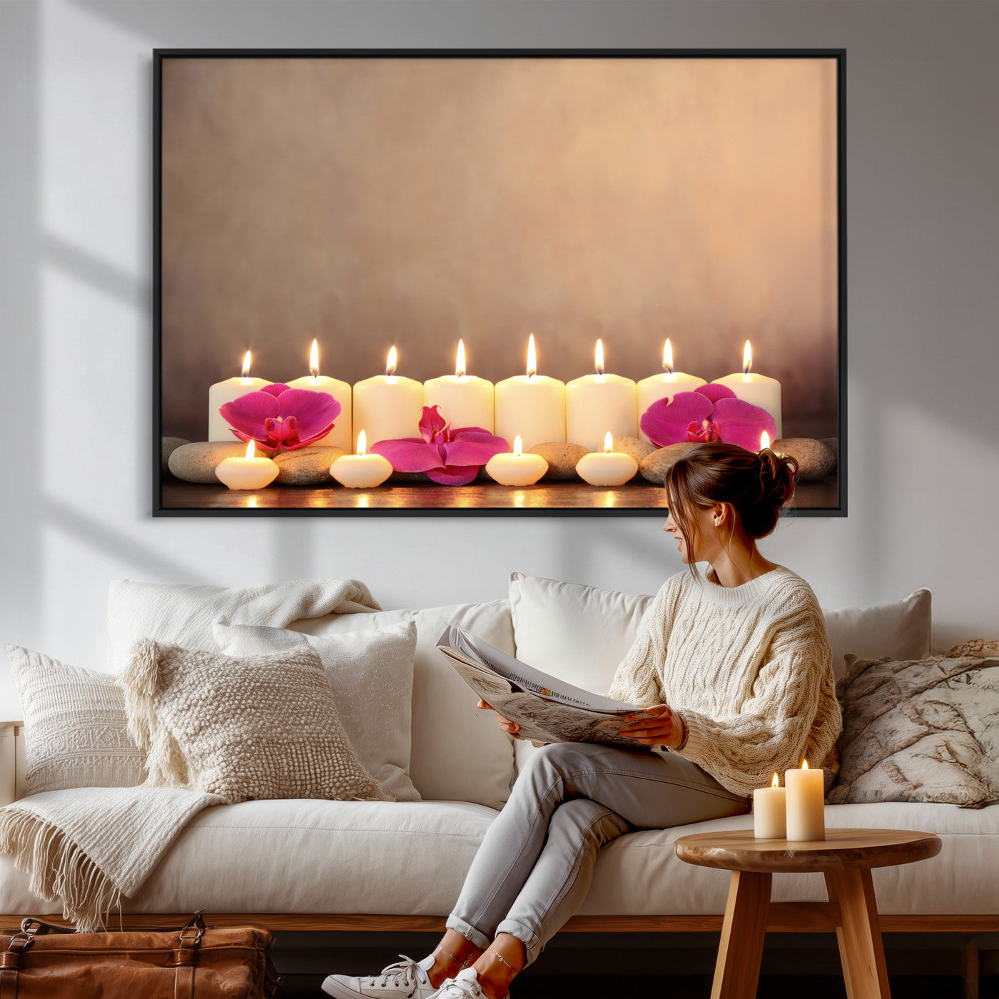59470569-MGV-CV-36X24 - Spa Candles Orchid Canvas Print | Zen Wellness Relaxation Wall Art | Pink Flower Candlelight Bathroom Decor | Calm Beige Photography