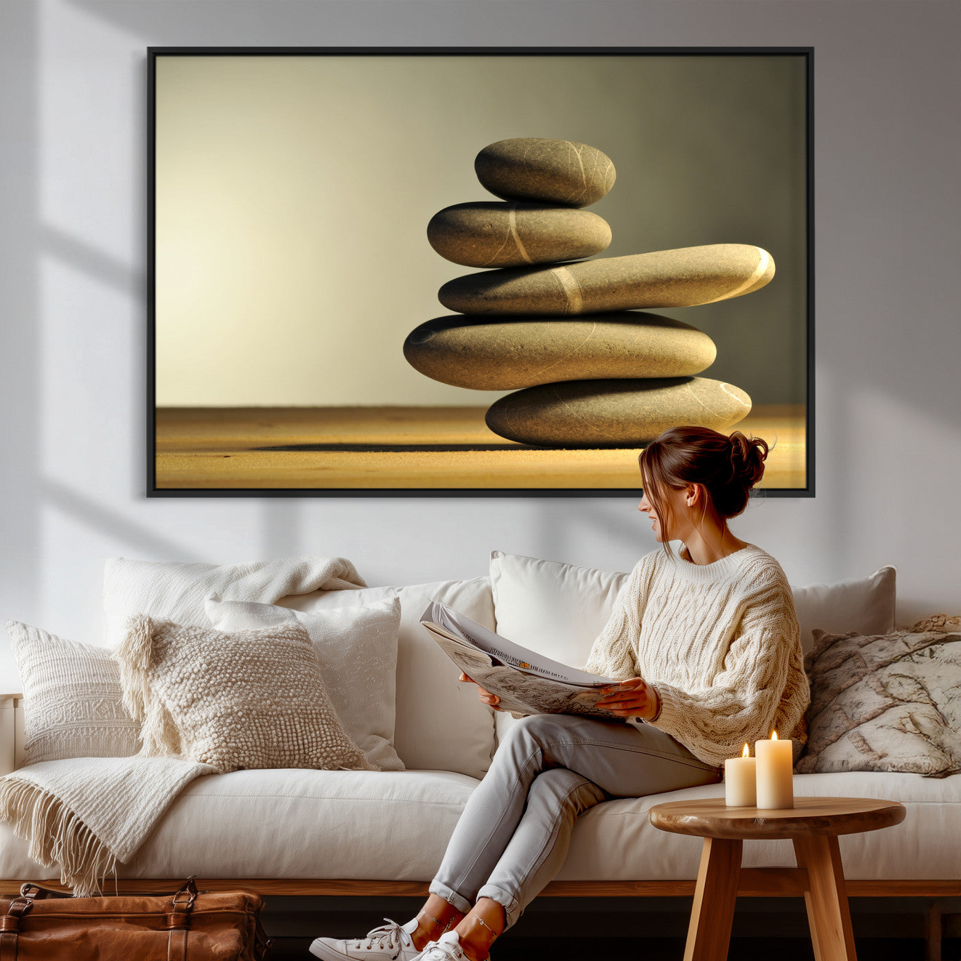 85424263-MGV-CV-36X24 - Zen Stone Wall Art Canvas Print, Balanced Rock Stack Framed Spa Artwork, Minimalist Meditation Decor for Living Room Bedroom Office Bathroom