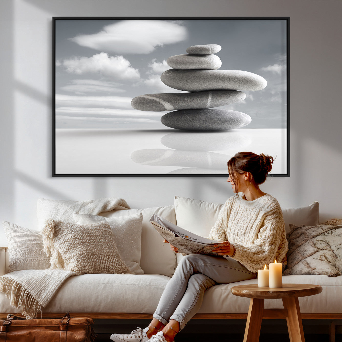 86426188-MGV-CV-36X24 - Zen Stone Wall Art Canvas Print, Balanced Rock Stack Framed Spa Artwork, Minimalist Meditation Decor for Living Room Bedroom Office Bathroom